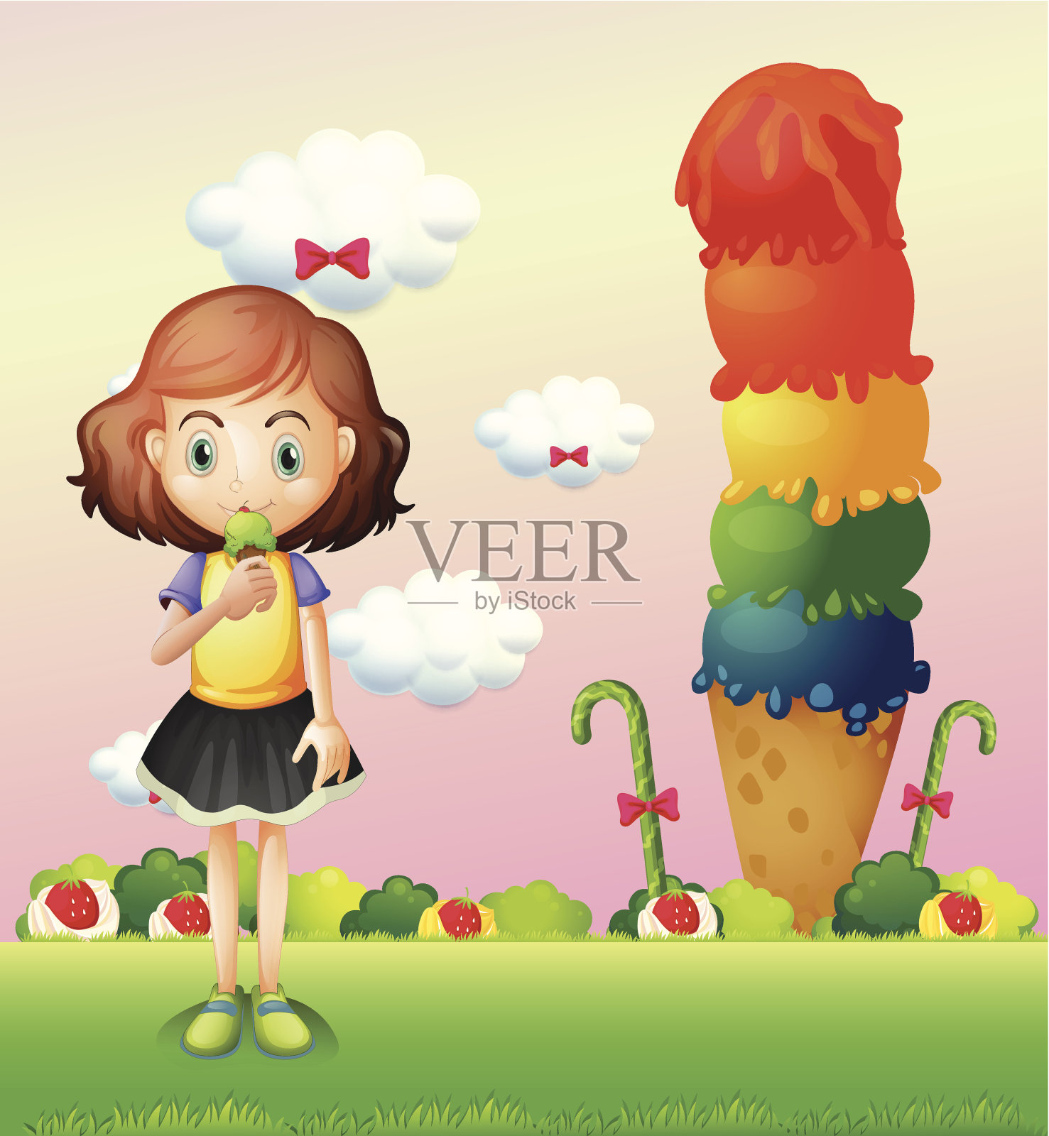 女孩吃冰淇淋插画图片素材