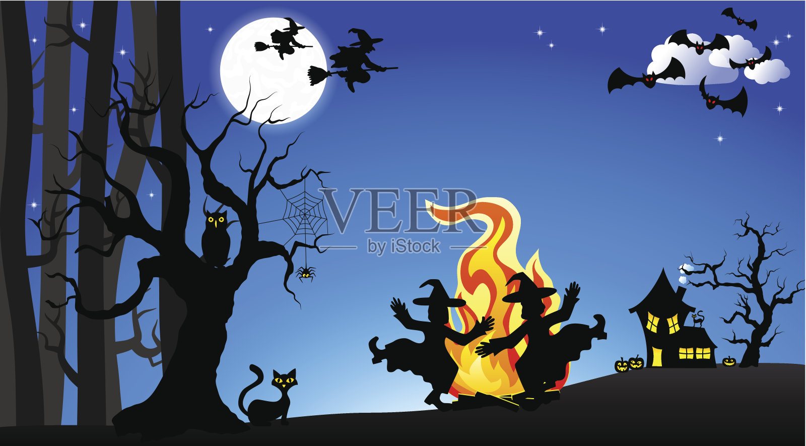 在万圣节前夜，女巫们围着火堆跳舞插画图片素材