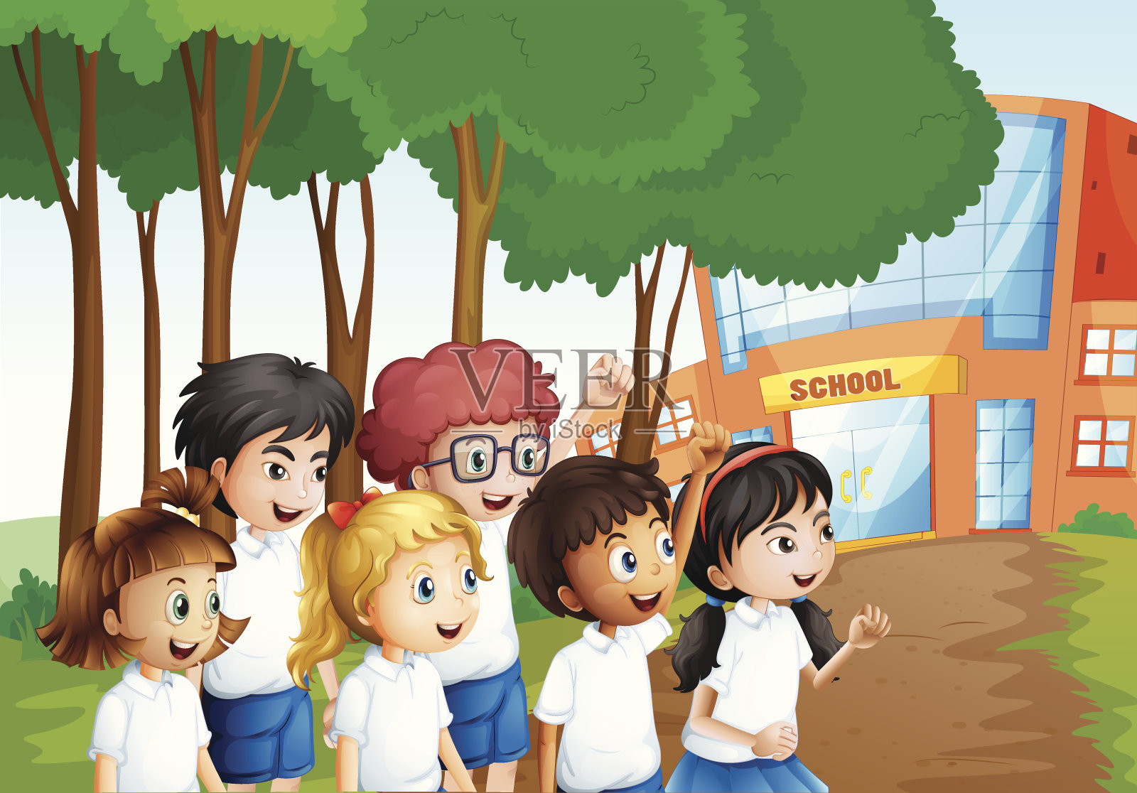 六位快乐的学生在教学楼前插画图片素材