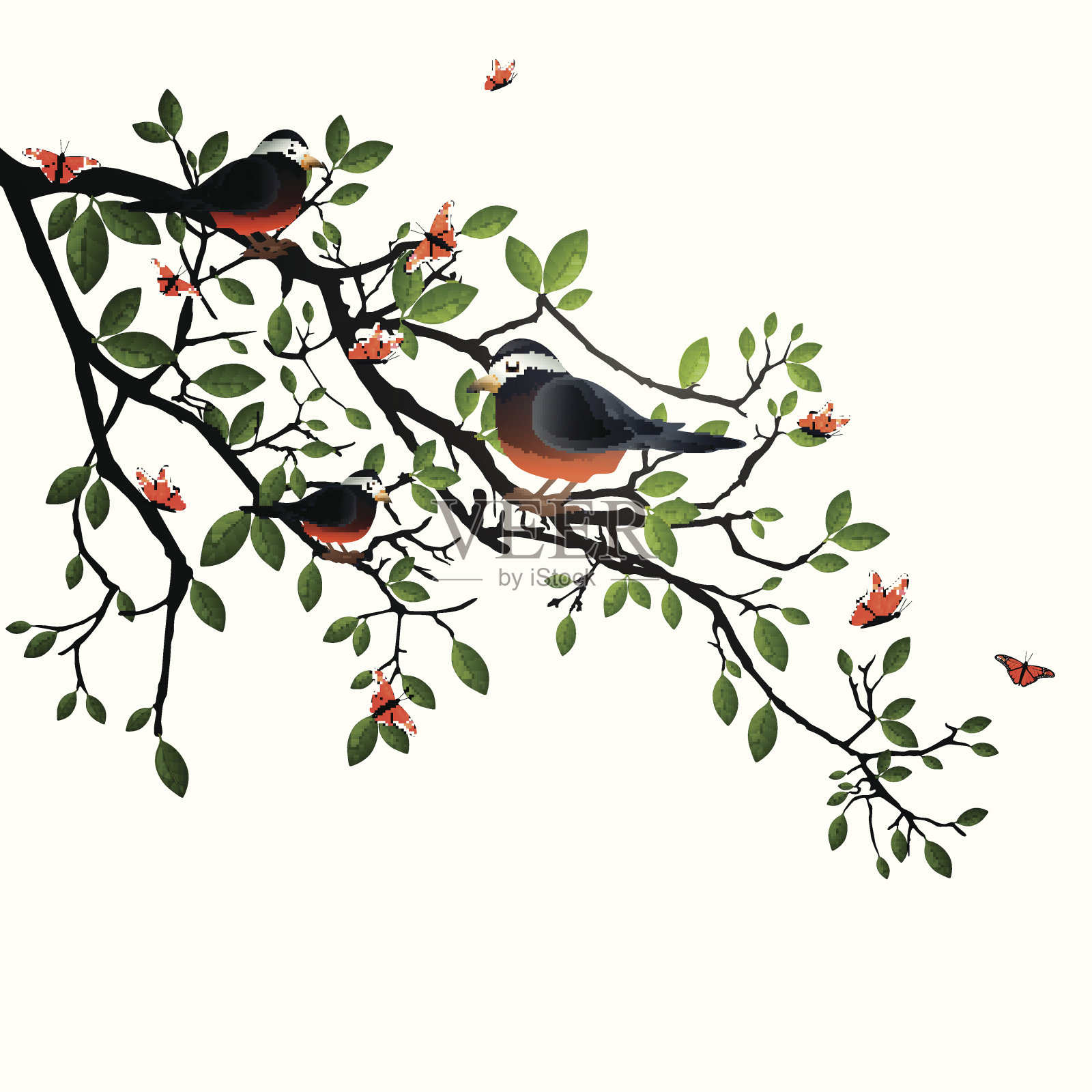 载体分支与鸟类和蝴蝶插画图片素材