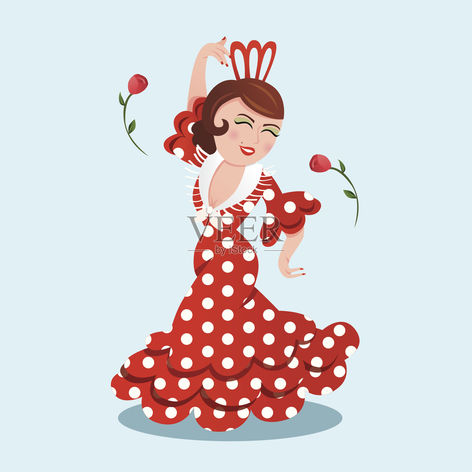 妇女卡通作为一个弗拉明戈舞者穿着红色波尔卡点设计元素图片
