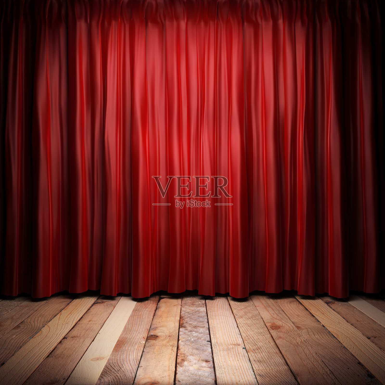在一个棕色的木制舞台上，拉上了红色的帘子照片摄影图片