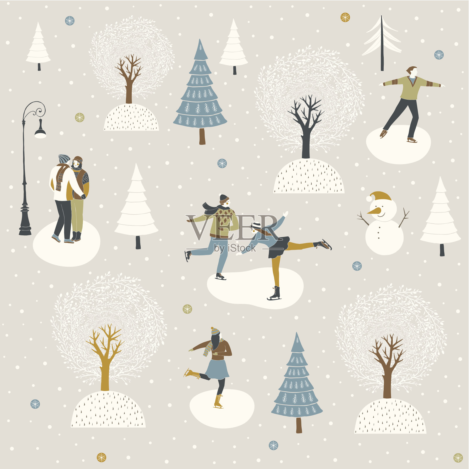 有溜冰者的冬季仙境插画图片素材