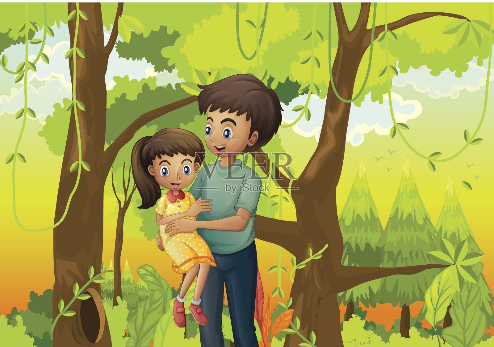 森林和一个父亲抱着他的女儿插画图片素材