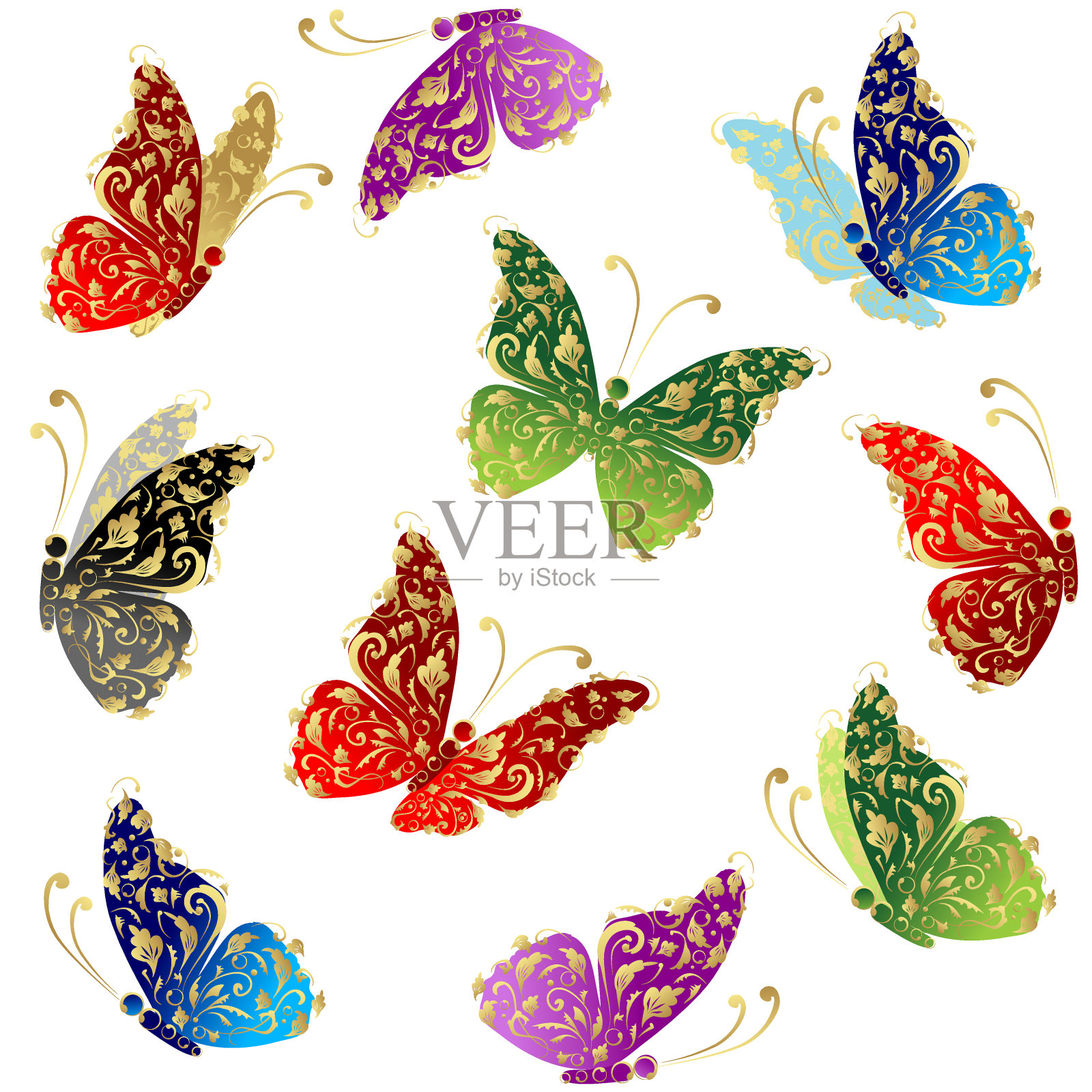 艺术蝴蝶飞舞，花卉金色点缀插画图片素材
