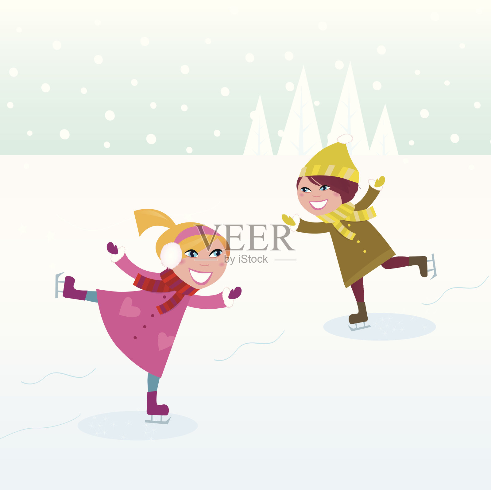 冬天:溜冰的小女孩和小男孩设计元素图片