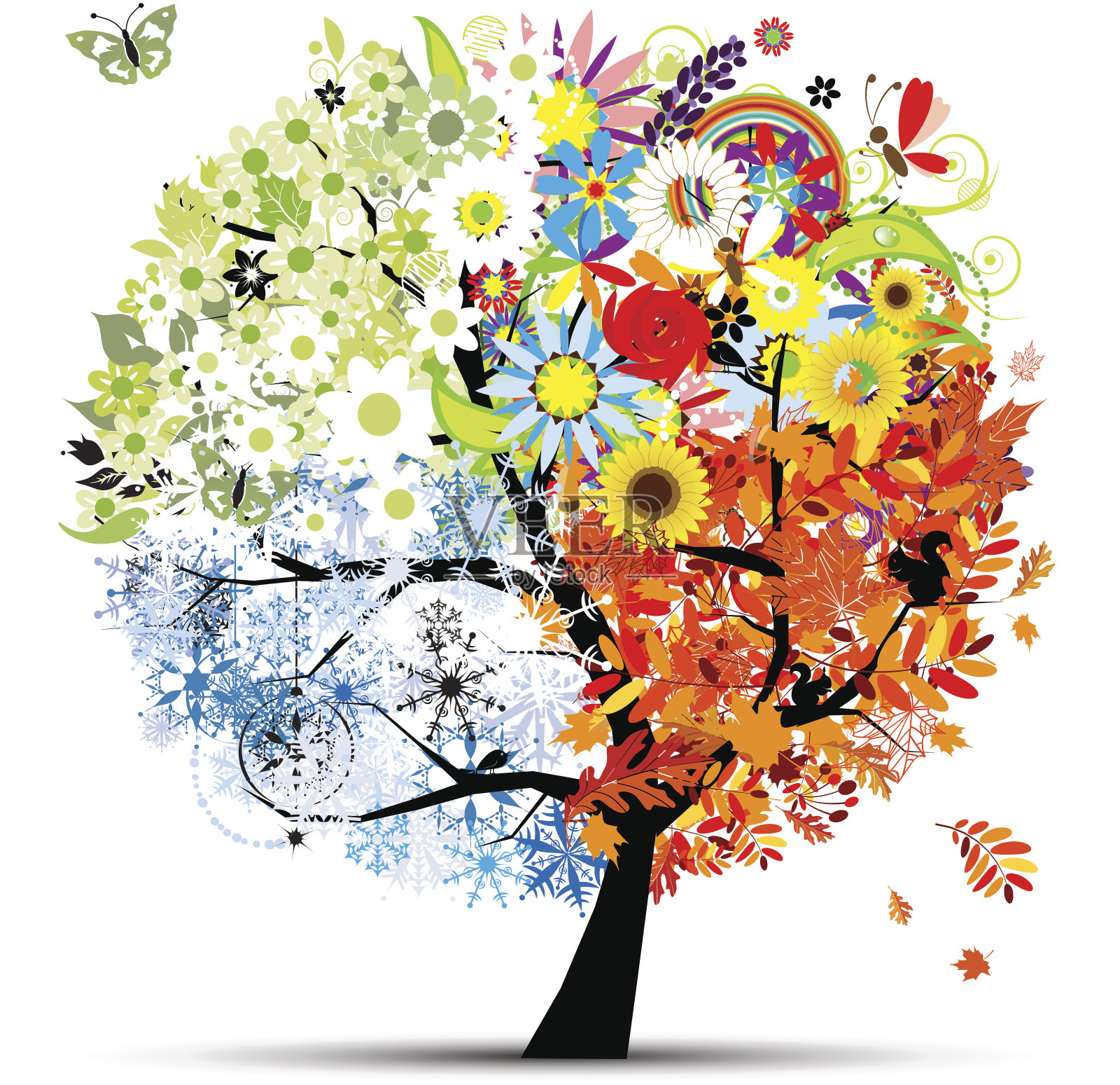 四季——春、夏、秋、冬。艺术树美丽插画图片素材
