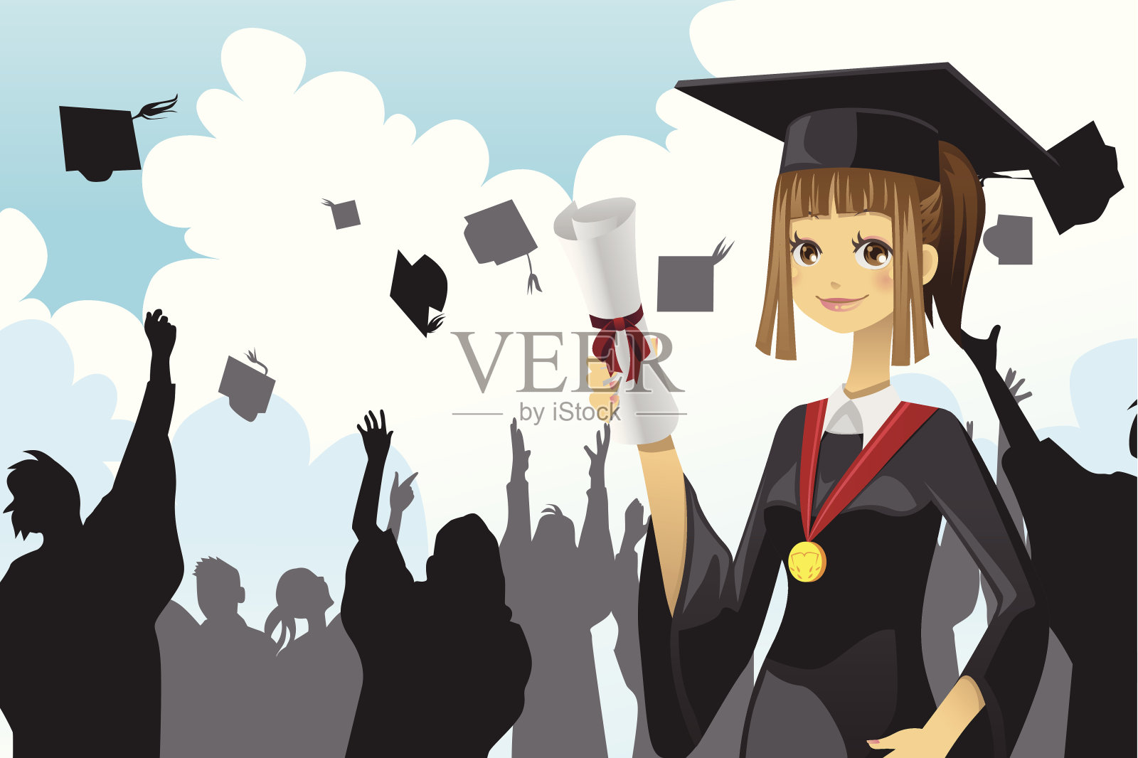 毕业女孩拿着毕业证插画图片素材