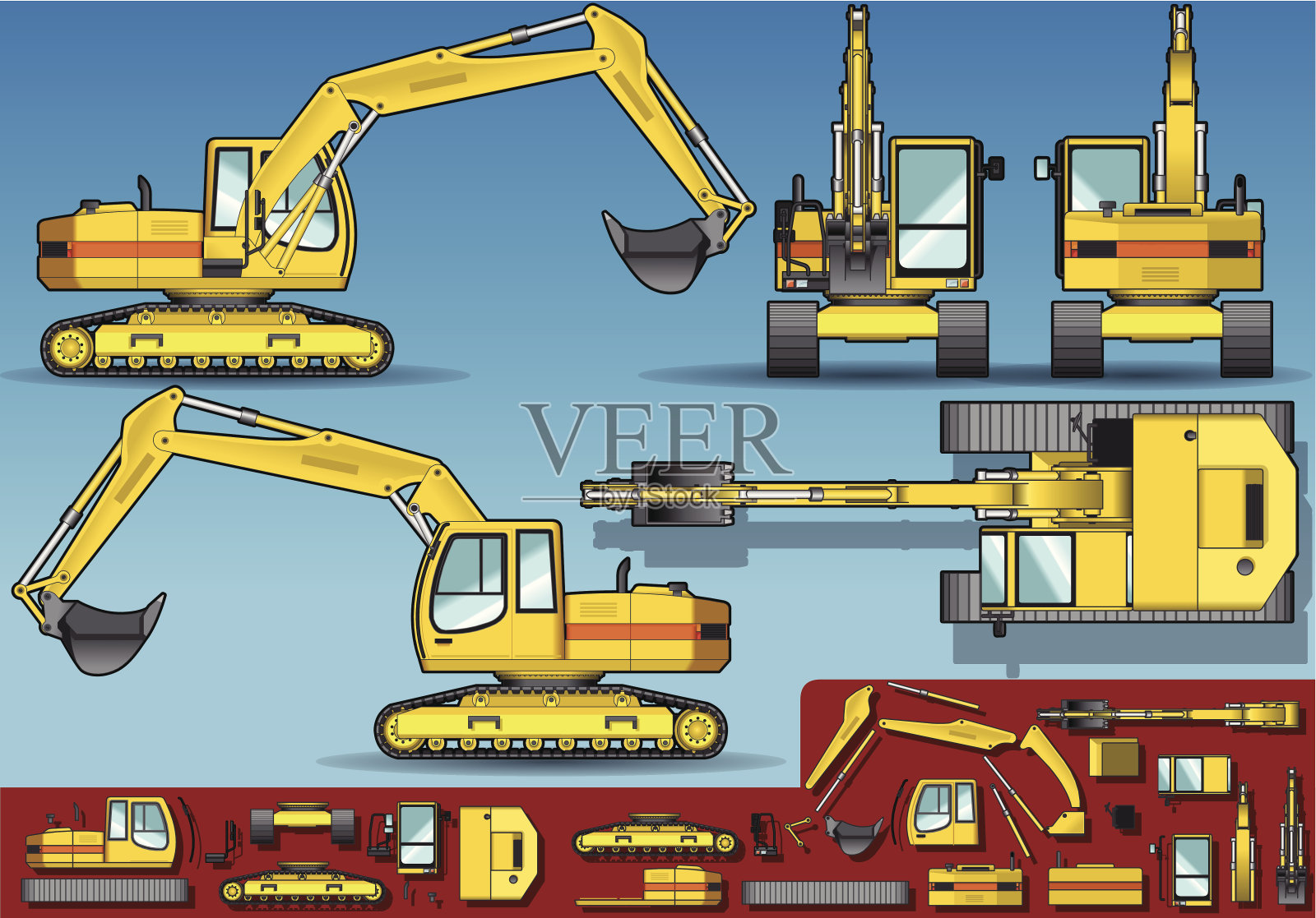 黄色挖掘机在五正交位置插画图片素材