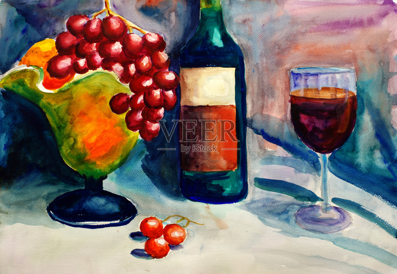 水彩画-水果和酒插画图片素材