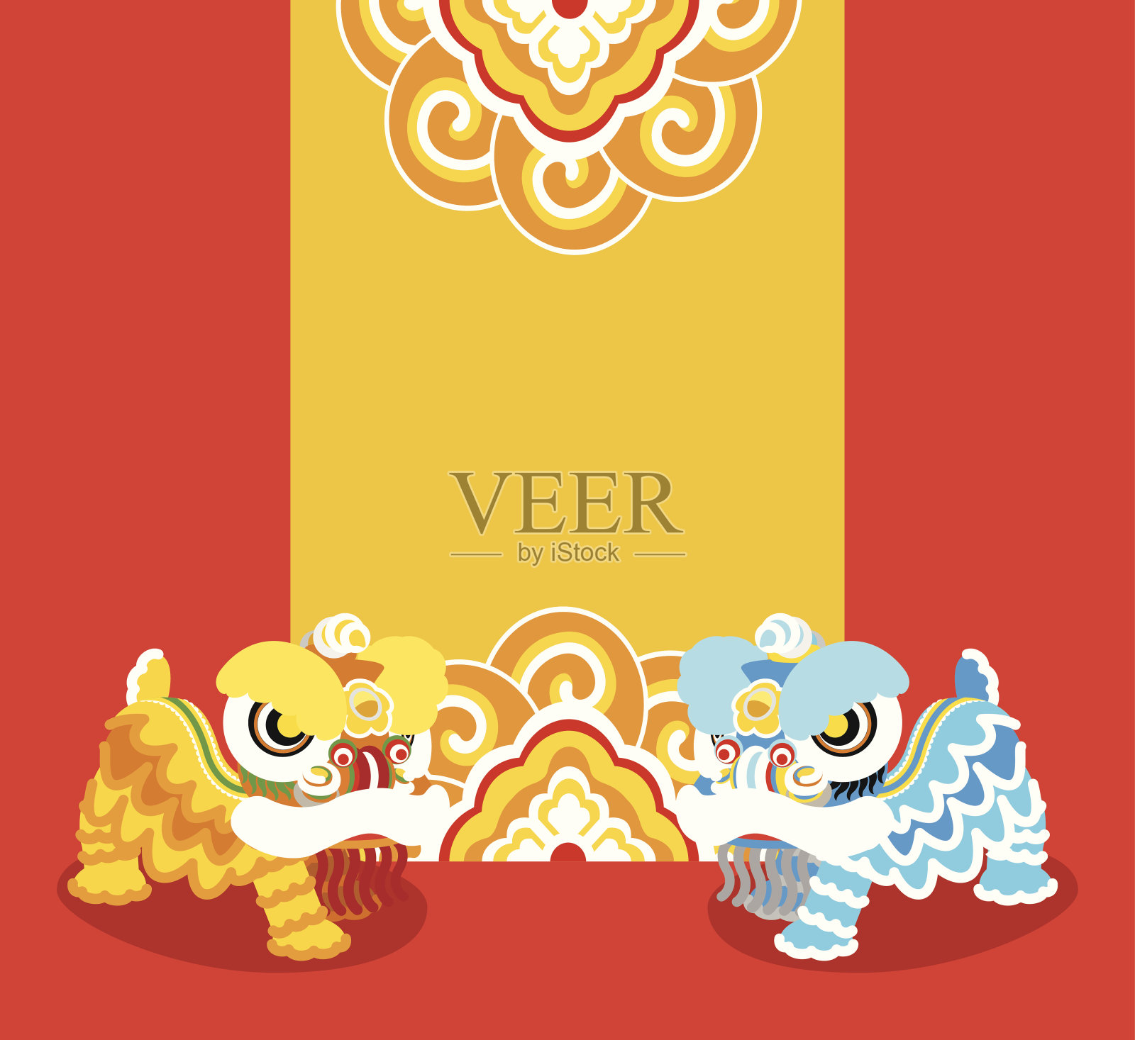 蓝色和黄色的中国狮子跳舞在红色的背景插画图片素材