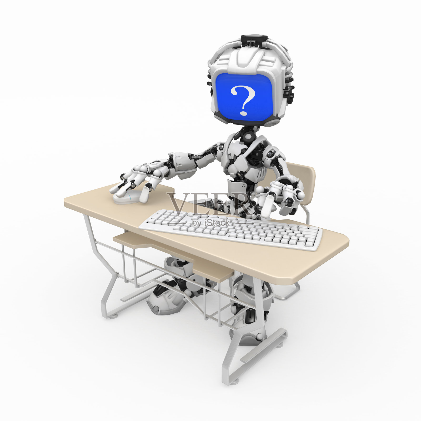 蓝屏机器人，电脑桌插画图片素材