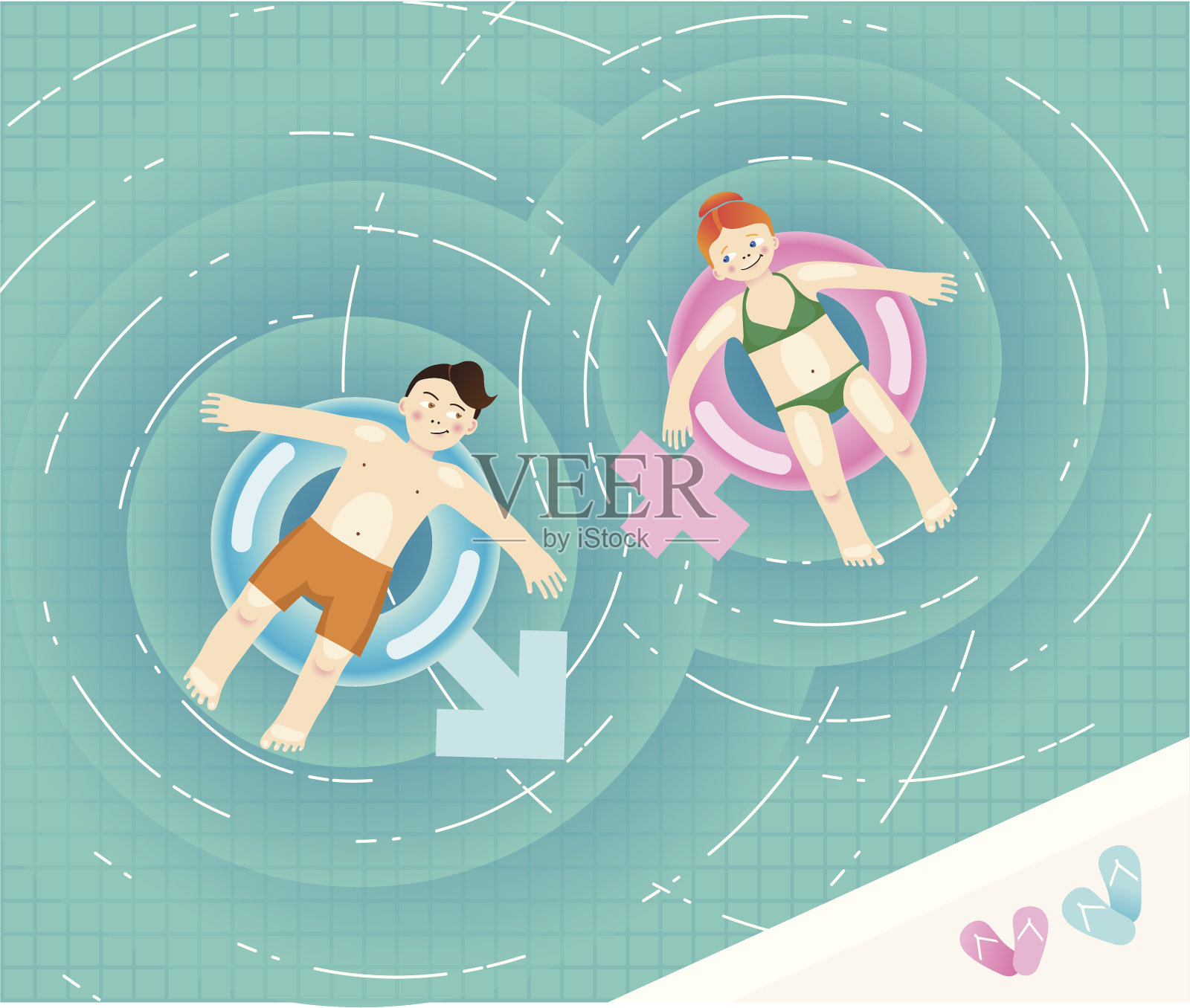 女孩和男孩在一个游泳池里，在充气管上调情插画图片素材