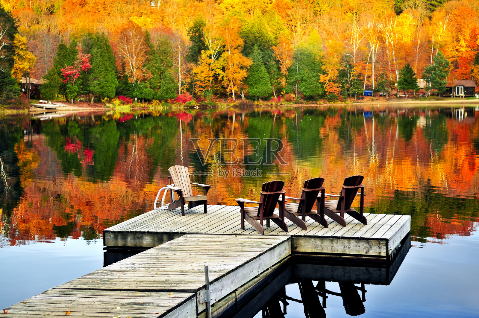秋天湖面上的木制码头照片摄影图片