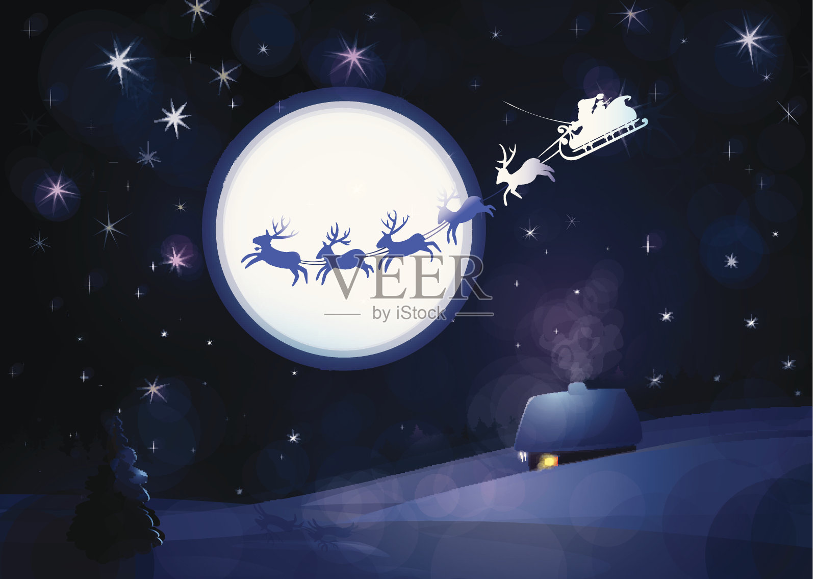 矢量仙境场景圣诞老人雪橇在冬天的背景。插画图片素材