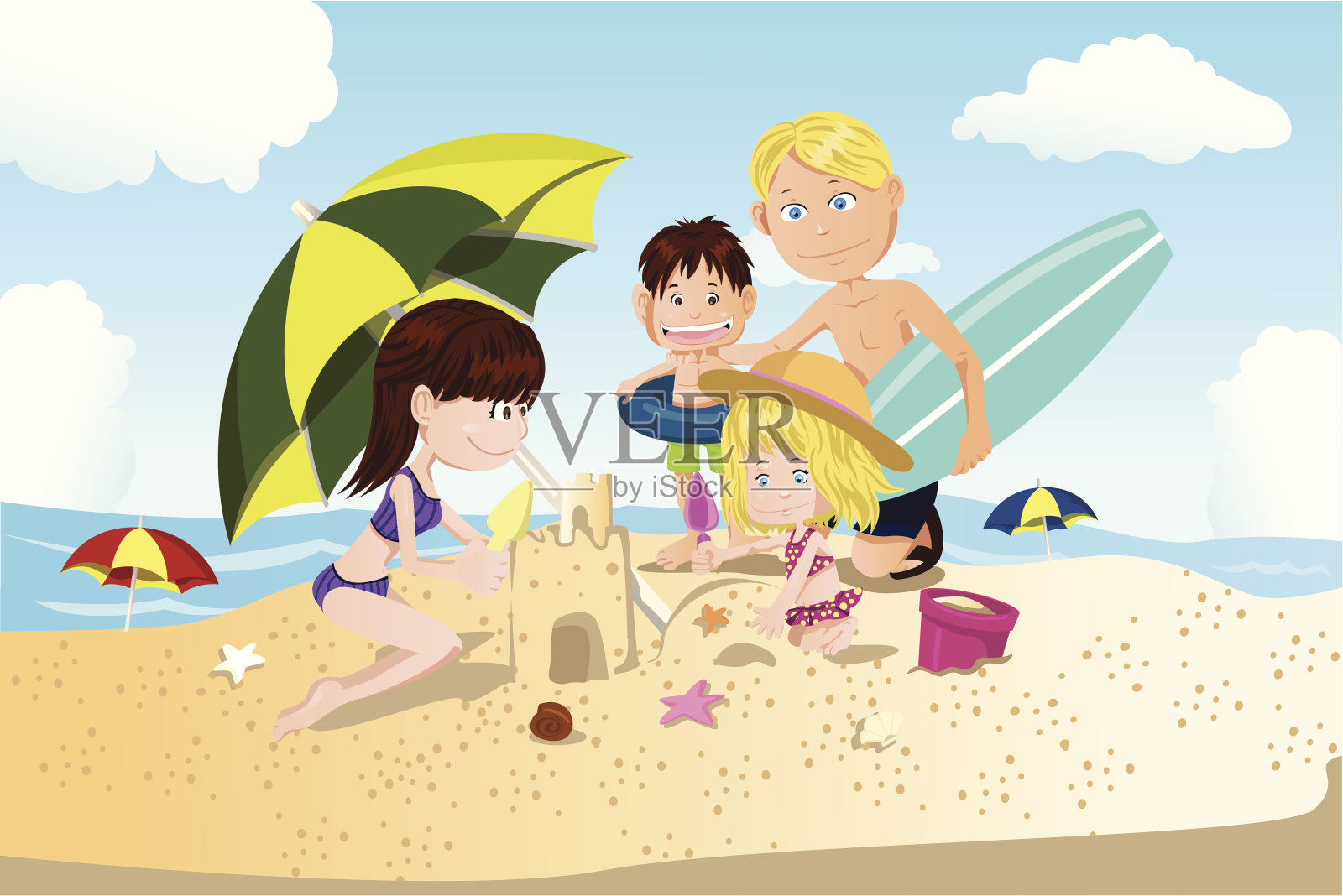 家庭度假海滩插画图片素材