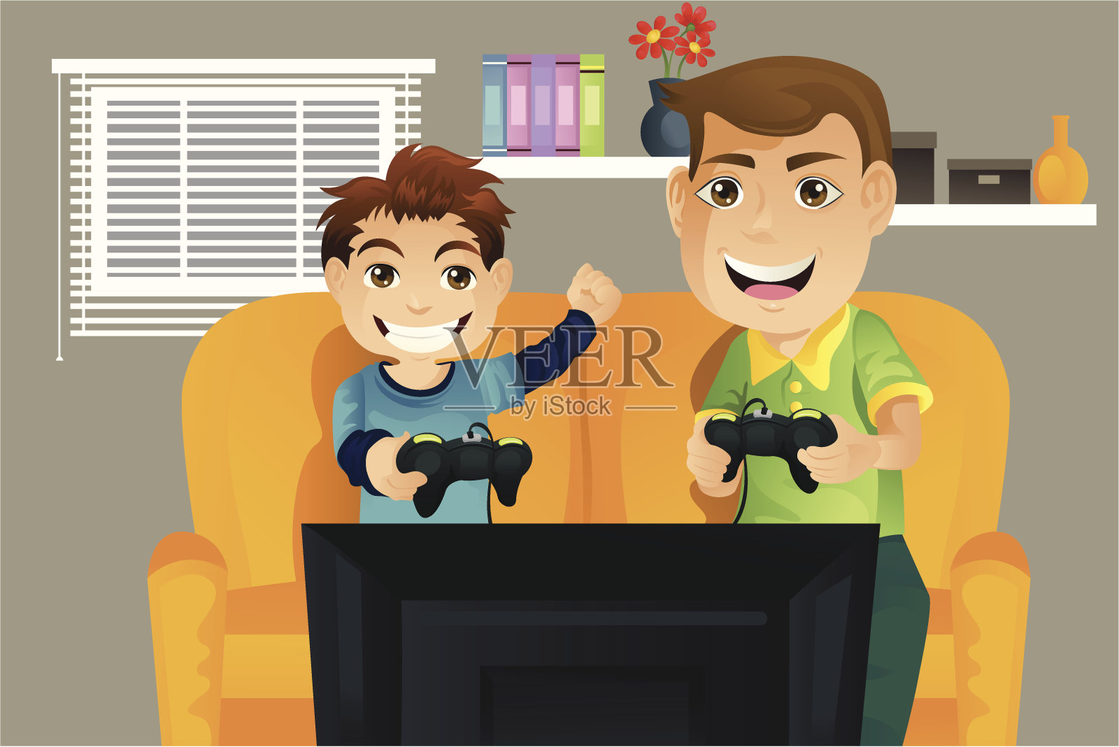动画男人和男孩愉快地在沙发上玩电子游戏插画图片素材
