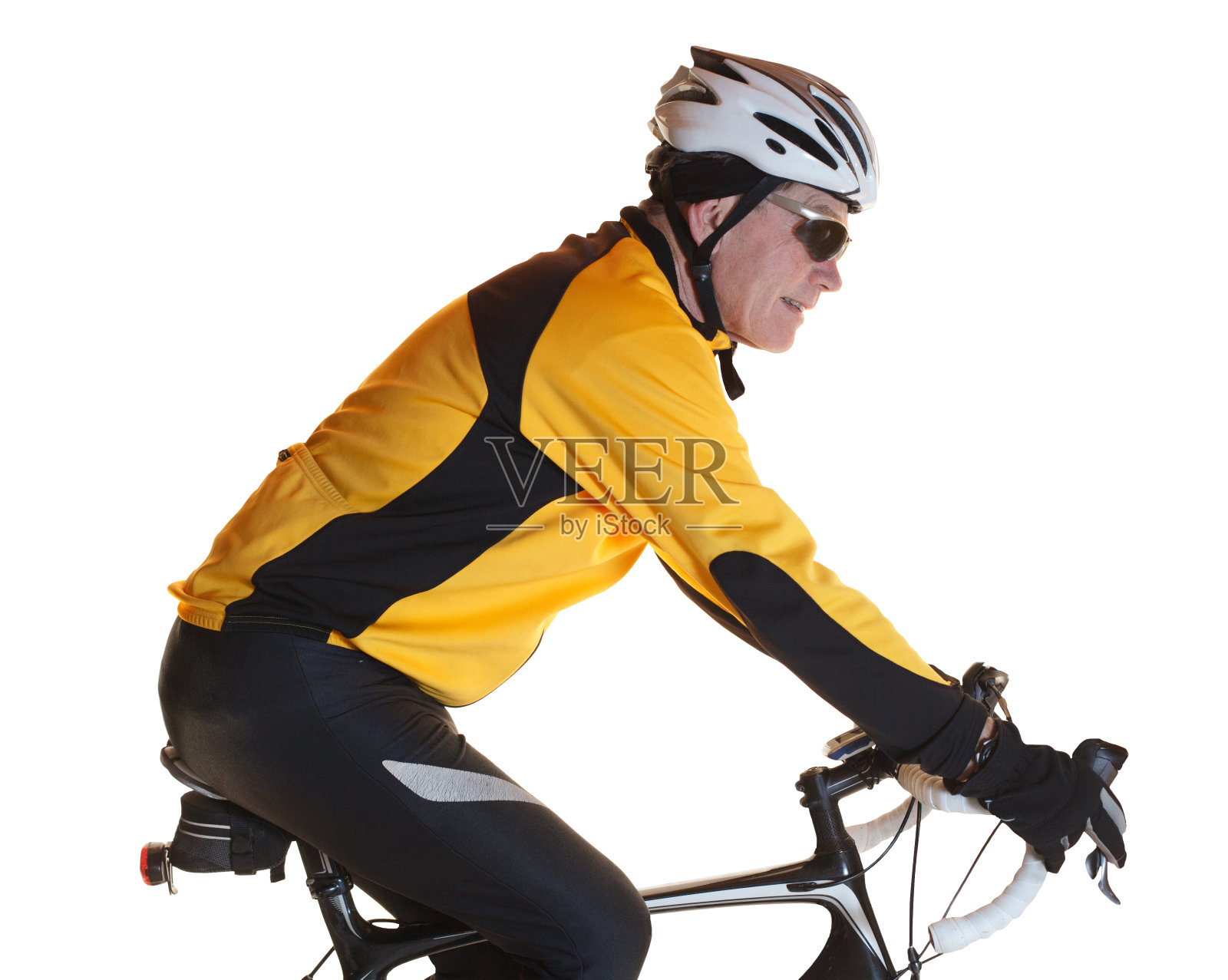 高级男性自行车骑手冬季齿轮公路自行车隔离照片摄影图片