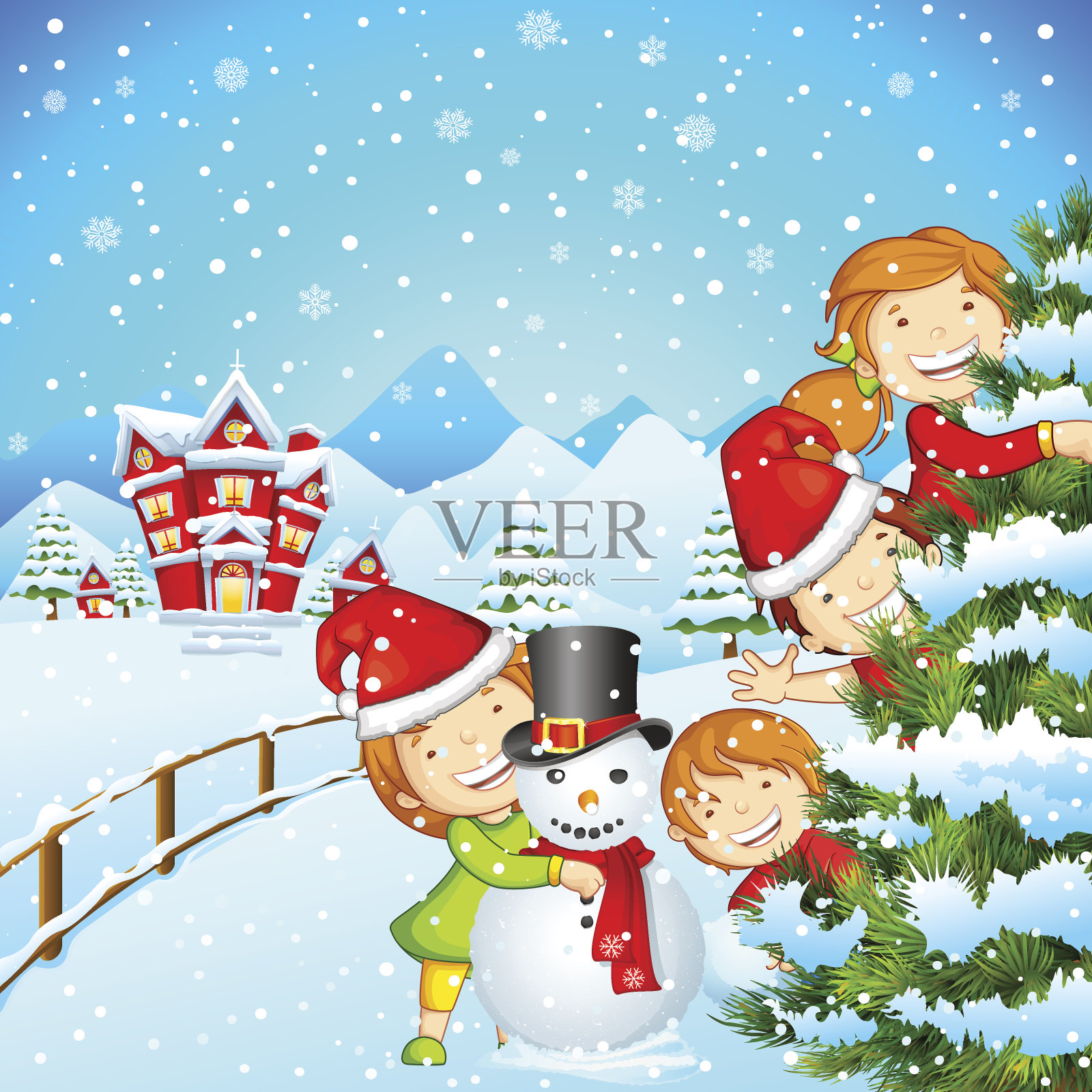 孩子们和雪人一起享受圣诞节插画图片素材