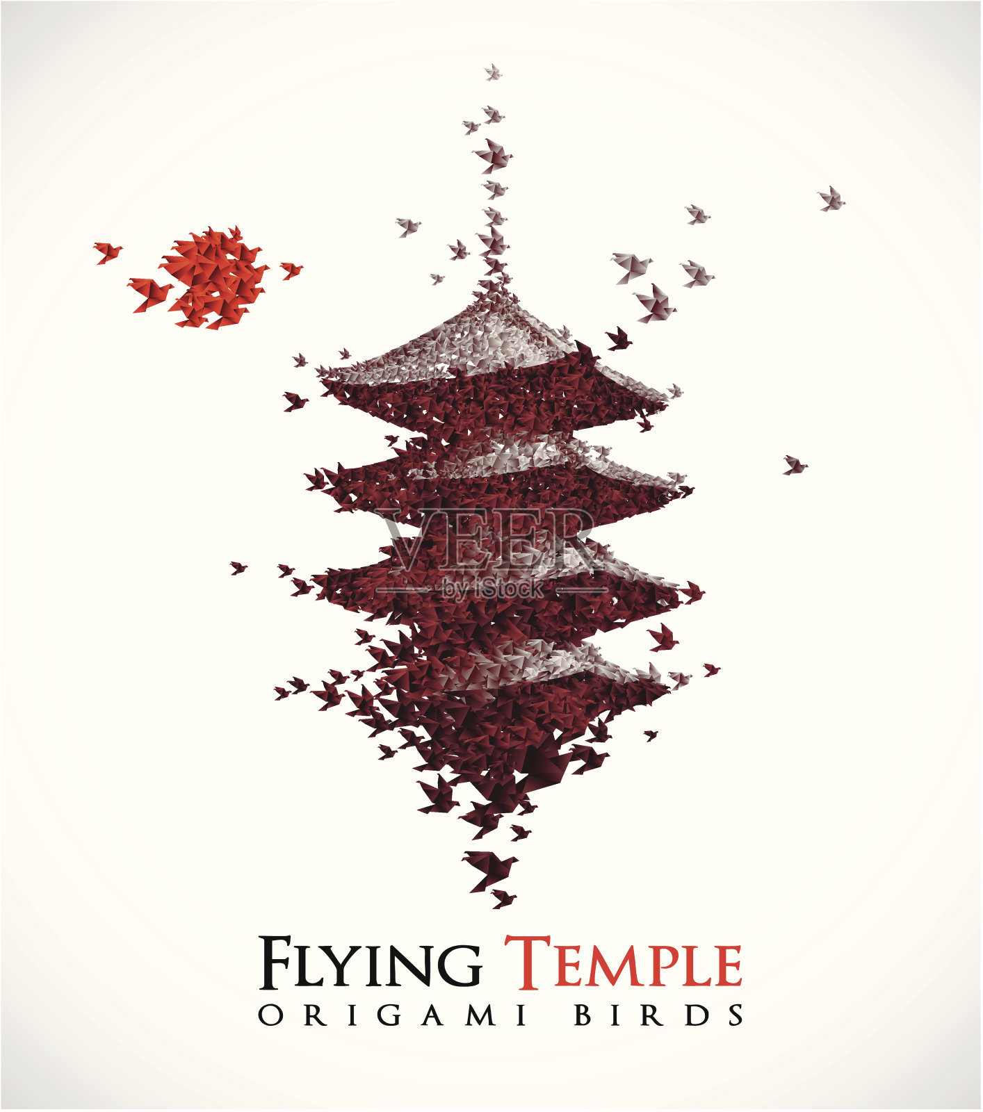 鸟群折纸形成一个飞翔的寺庙插画图片素材