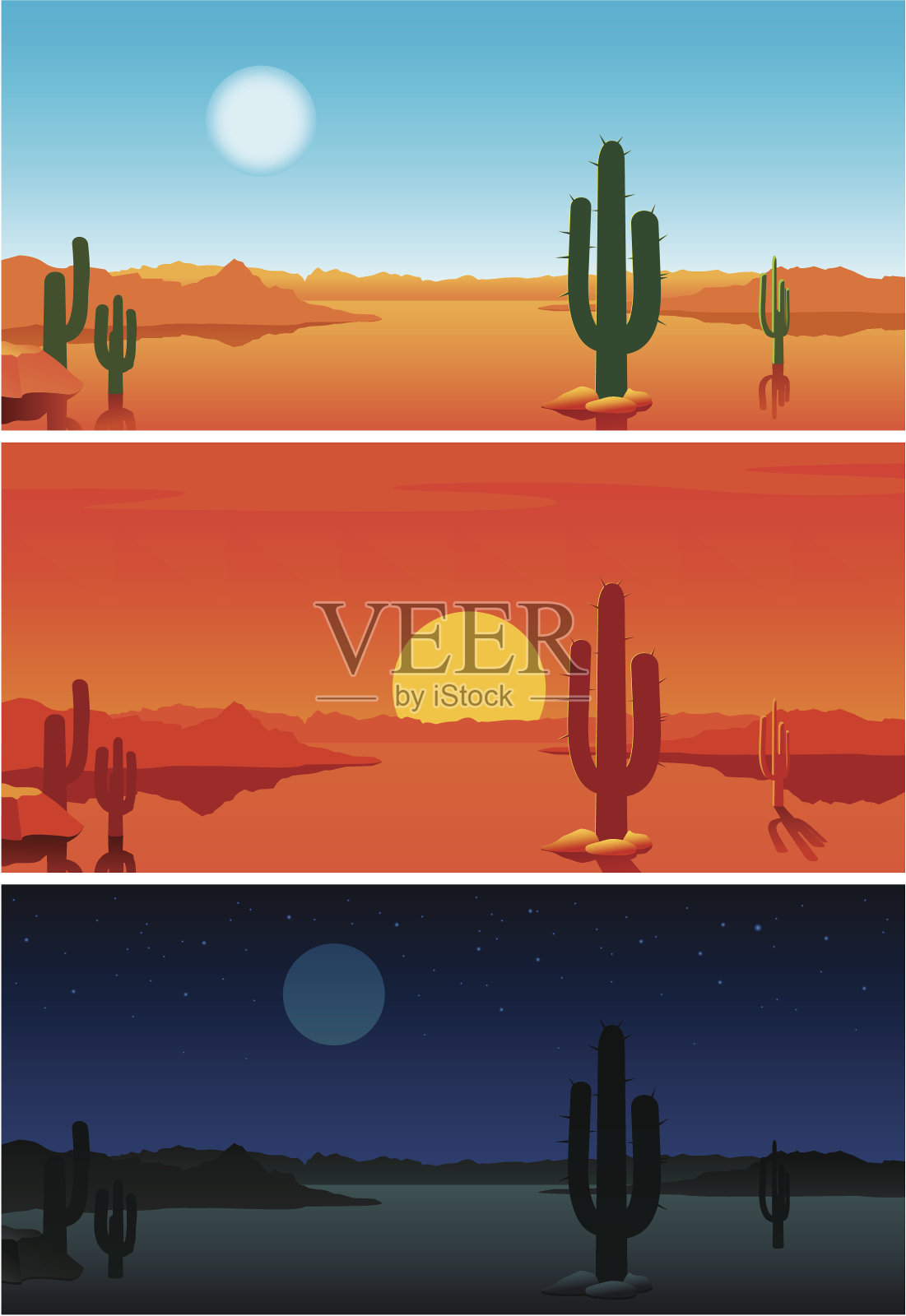 沙漠。三个横幅显示的天周期。插画图片素材