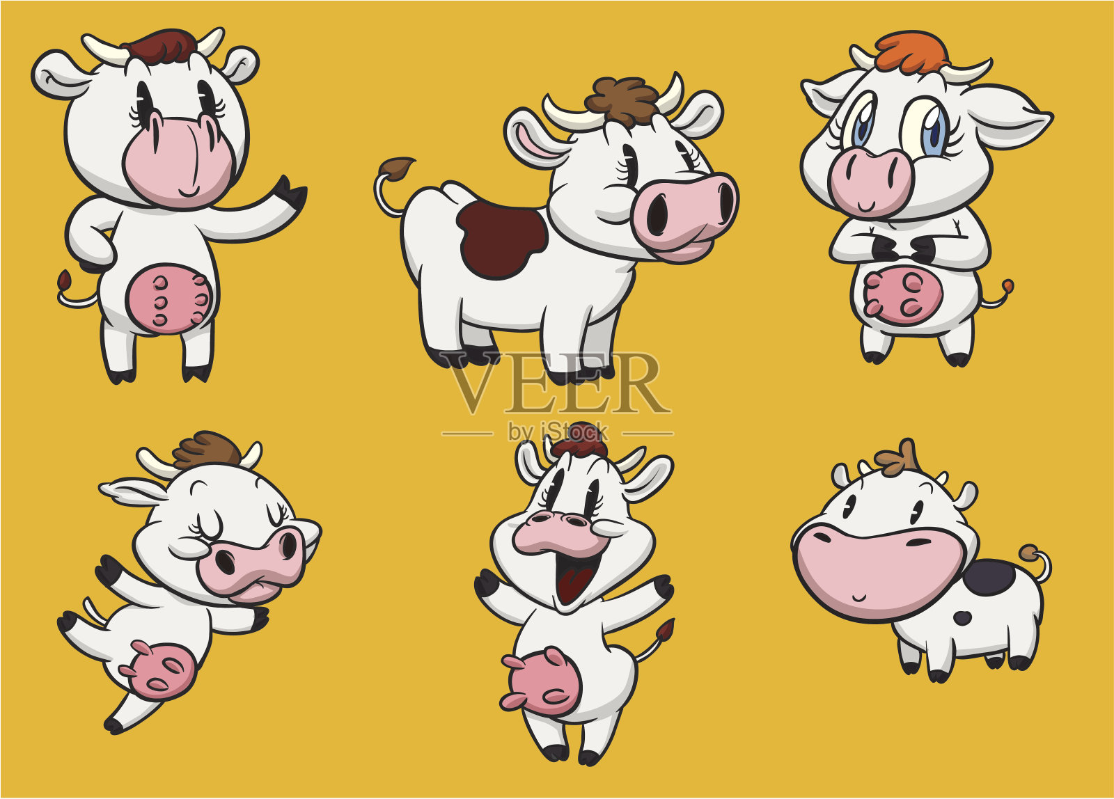 六个卡通牛插画图片素材