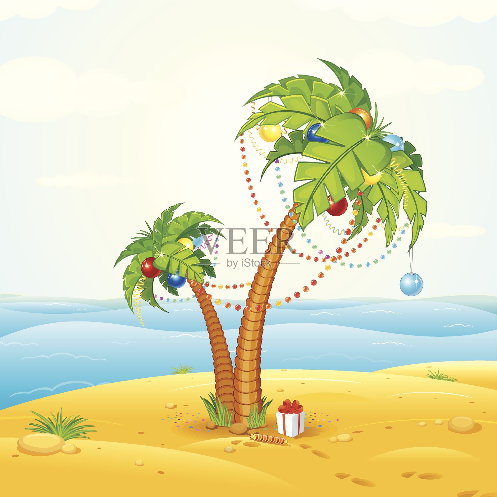 一棵为圣诞节装饰的棕榈树插画图片素材