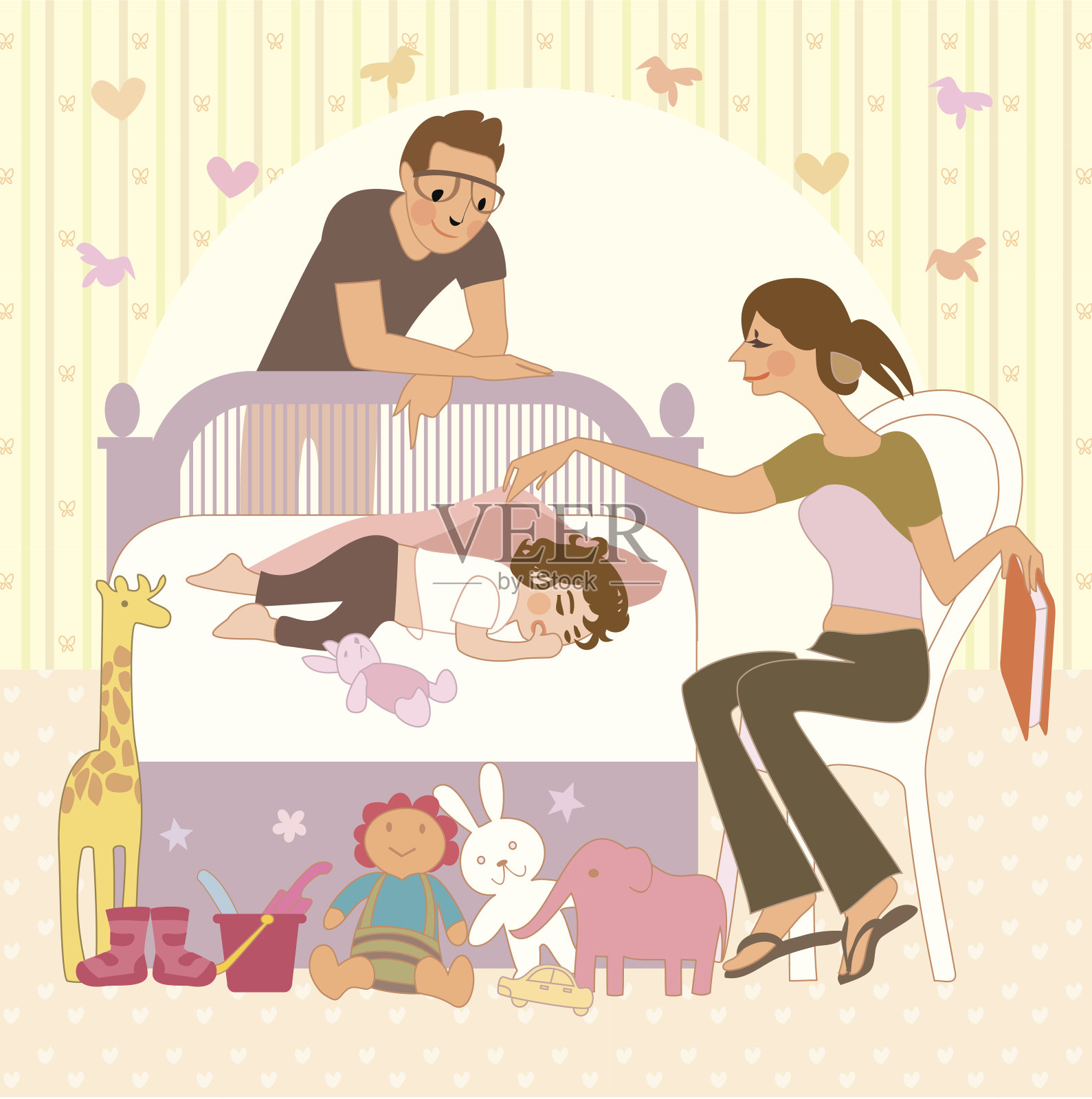 熟睡的婴儿和父母插画图片素材