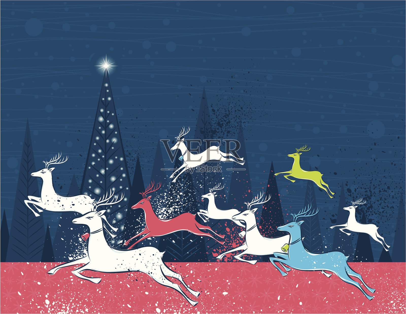 在蓝色的森林里奔跑圣诞鹿插画图片素材