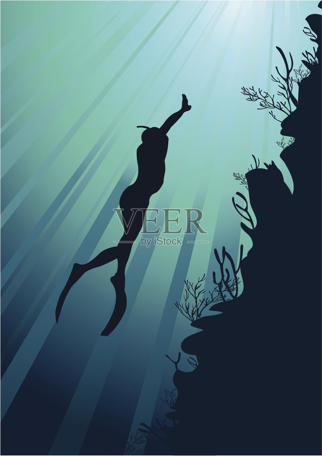 自由潜水者和海礁的剪影插画图片素材