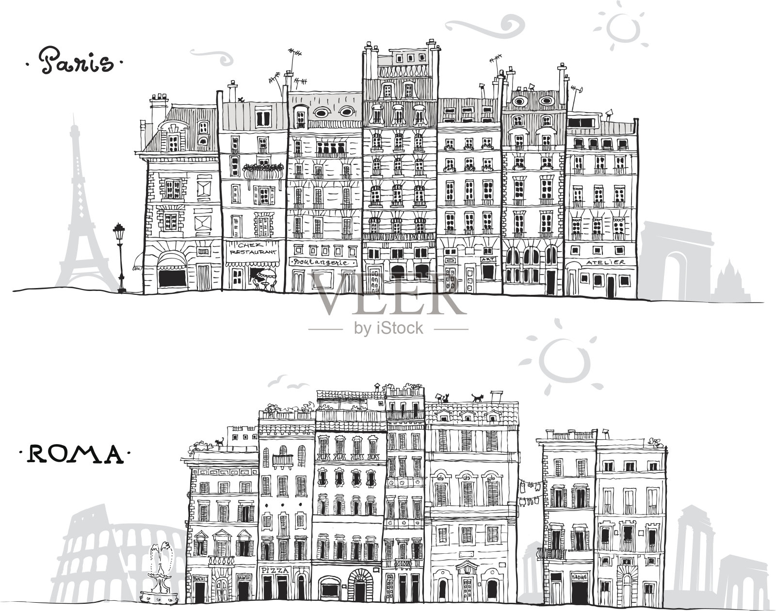 巴黎和罗马的房屋草图以旅游地标为背景插画图片素材