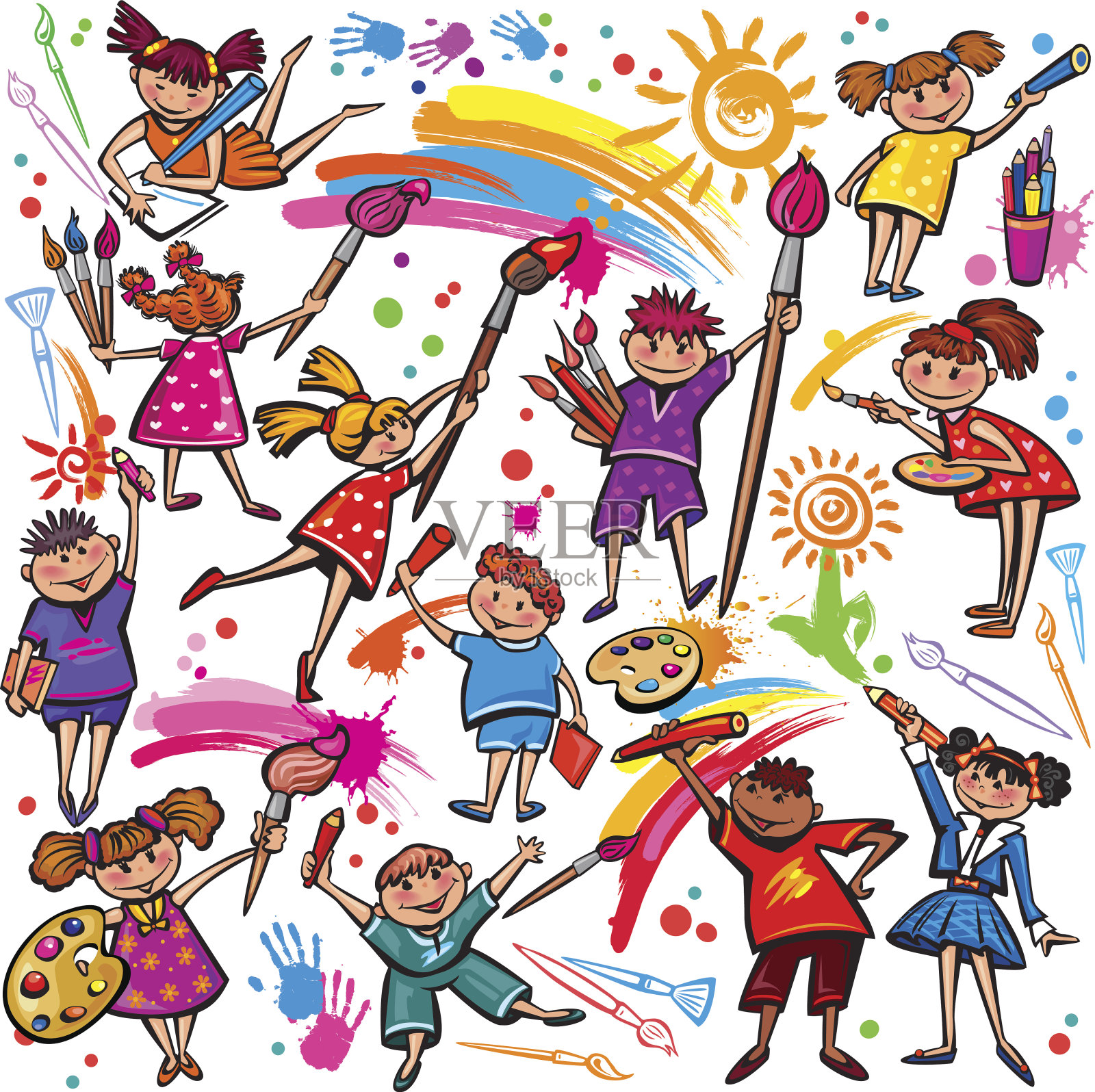 快乐的孩子们用画笔和彩色蜡笔画画插画图片素材