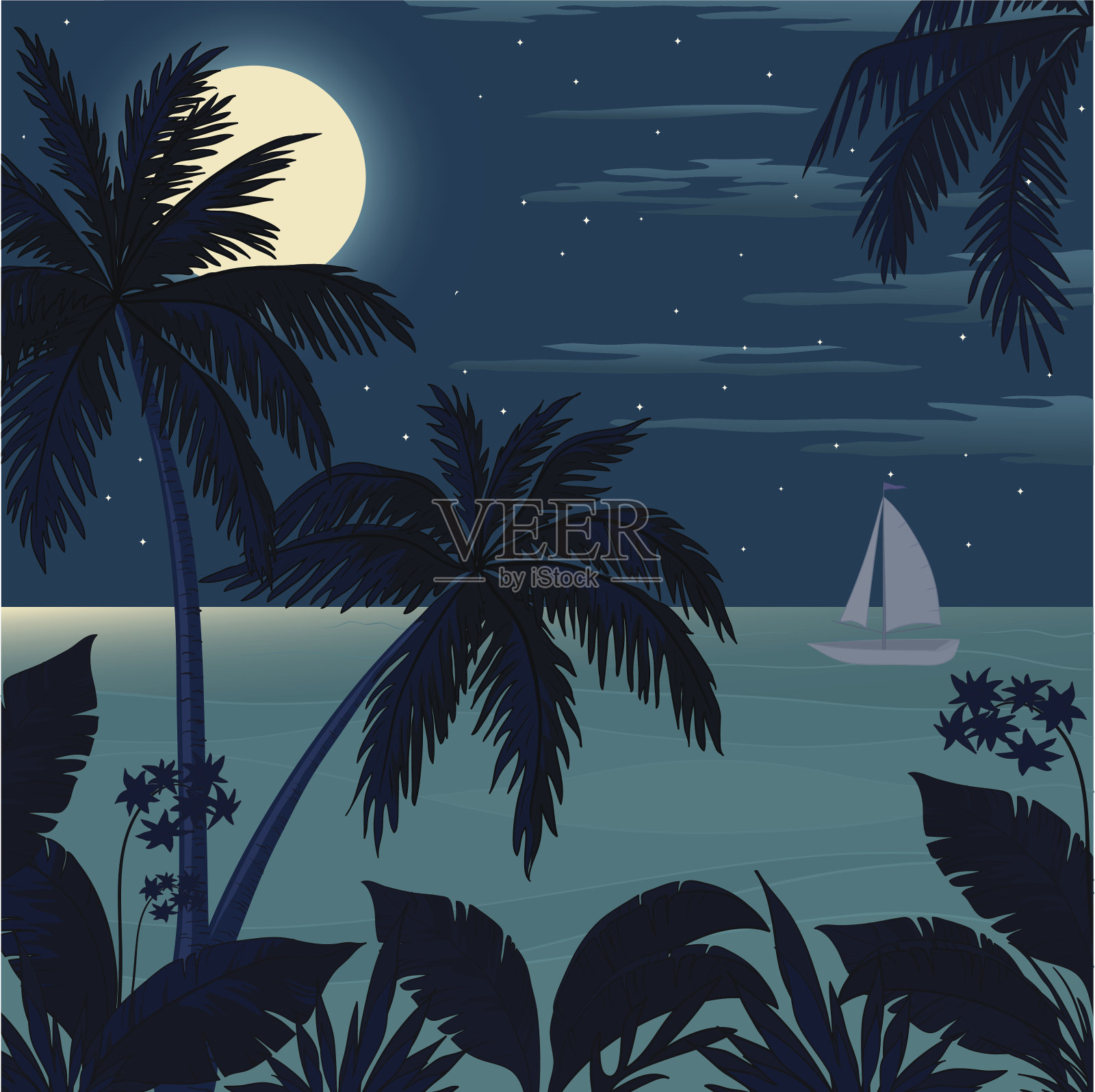 热带海洋景观与棕榈树插画图片素材