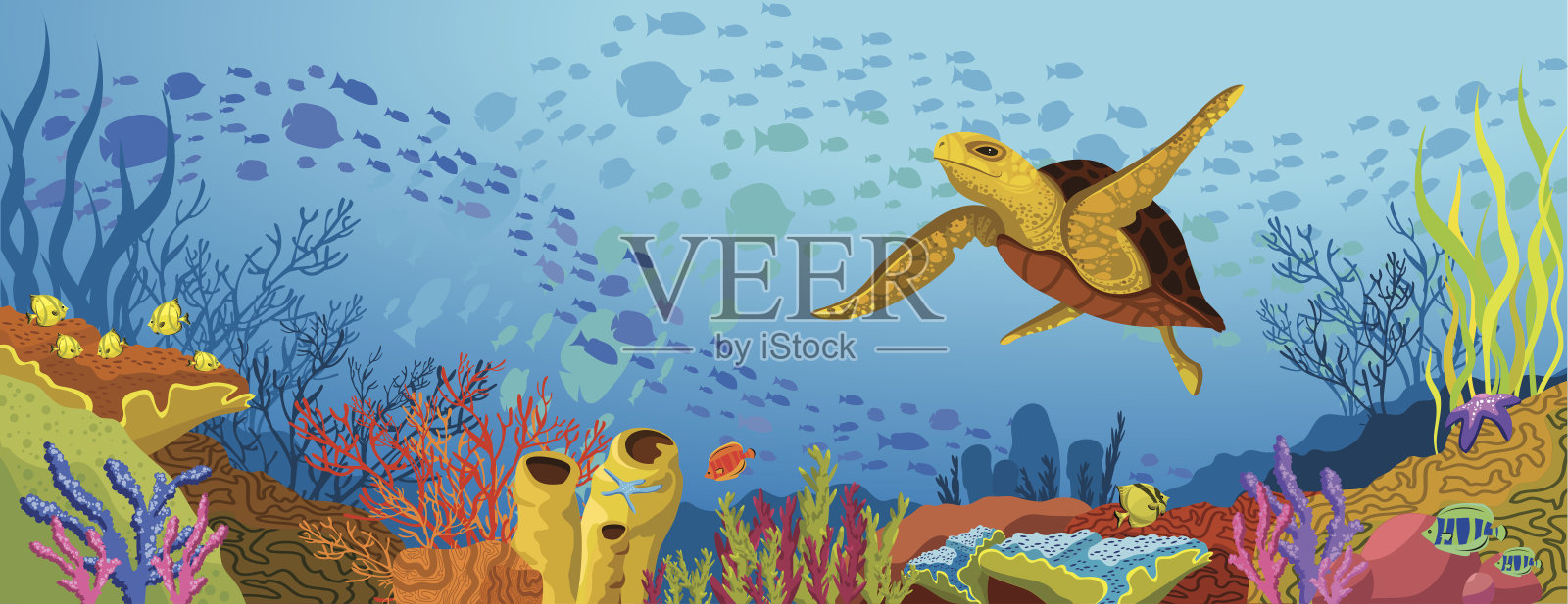 彩色的珊瑚礁和黄色的海龟插画图片素材