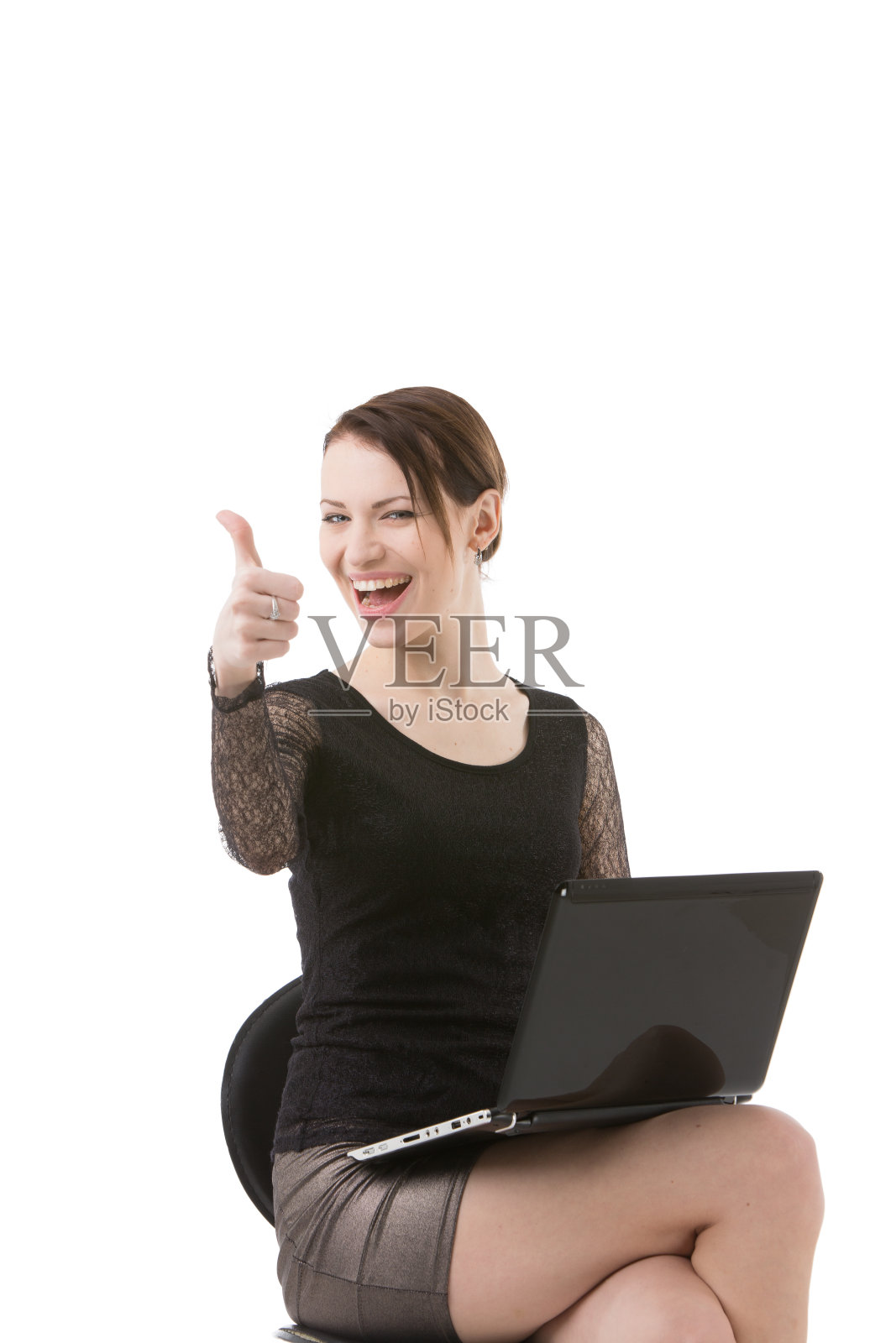 快乐的商业女性，竖起大拇指，孤立的白人照片摄影图片