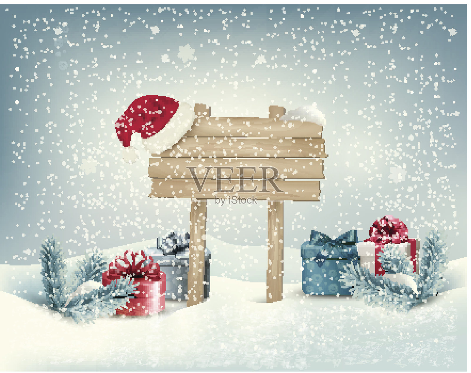圣诞冬季背景与礼物和木板。插画图片素材