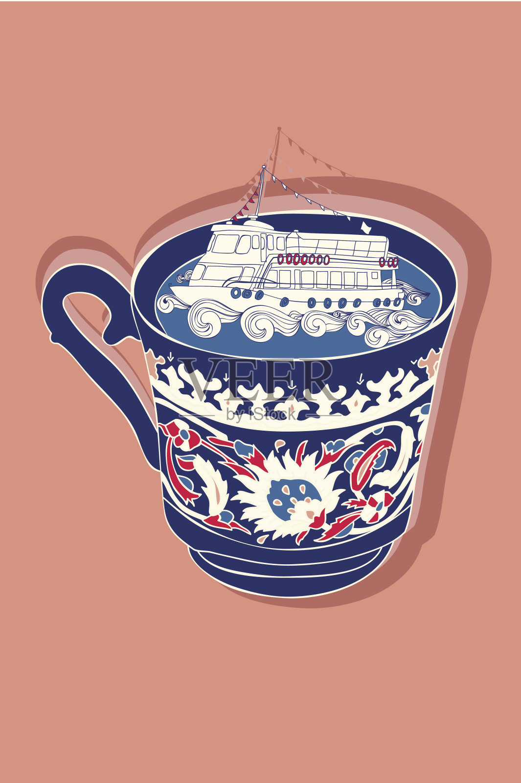 土耳其咖啡杯和伊斯坦布尔汽船。插画图片素材