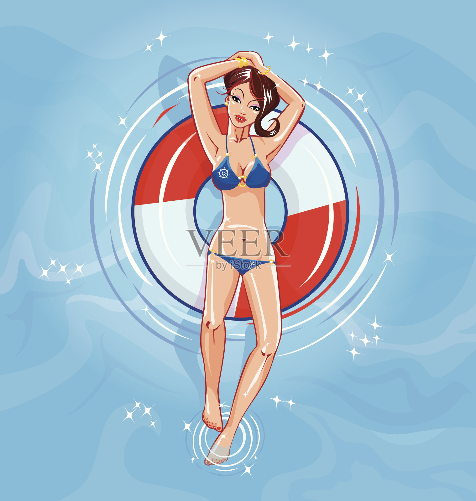 穿着比基尼的可爱女孩漂浮在游泳池的救生圈上插画图片素材