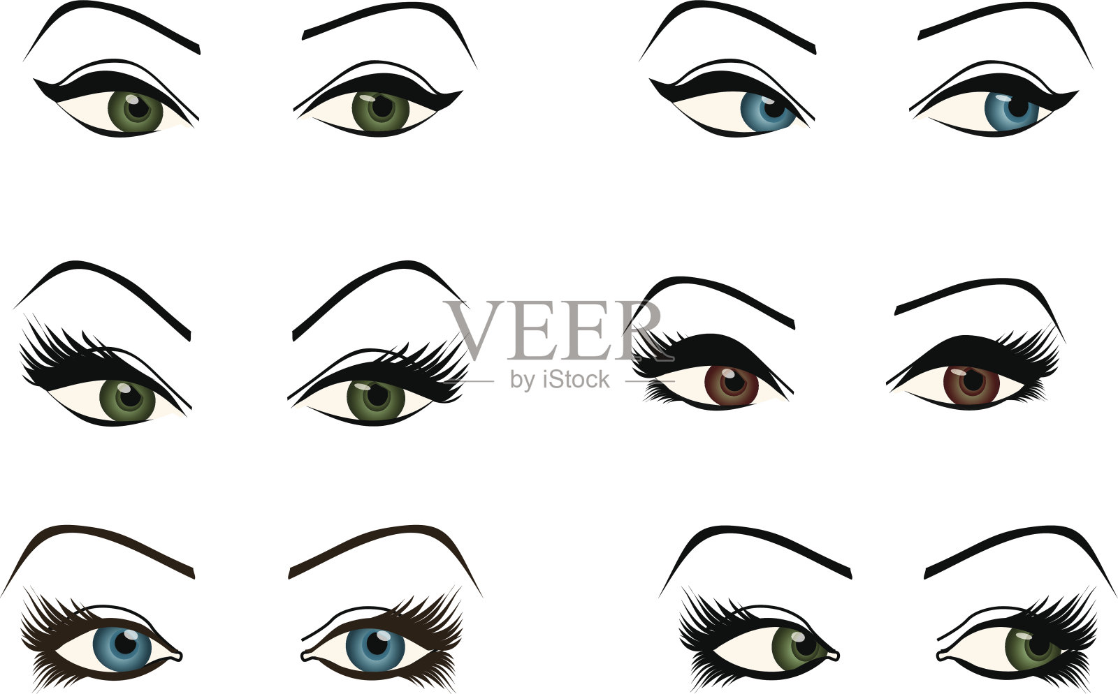 不同形状和颜色的女性眼睛插画图片素材
