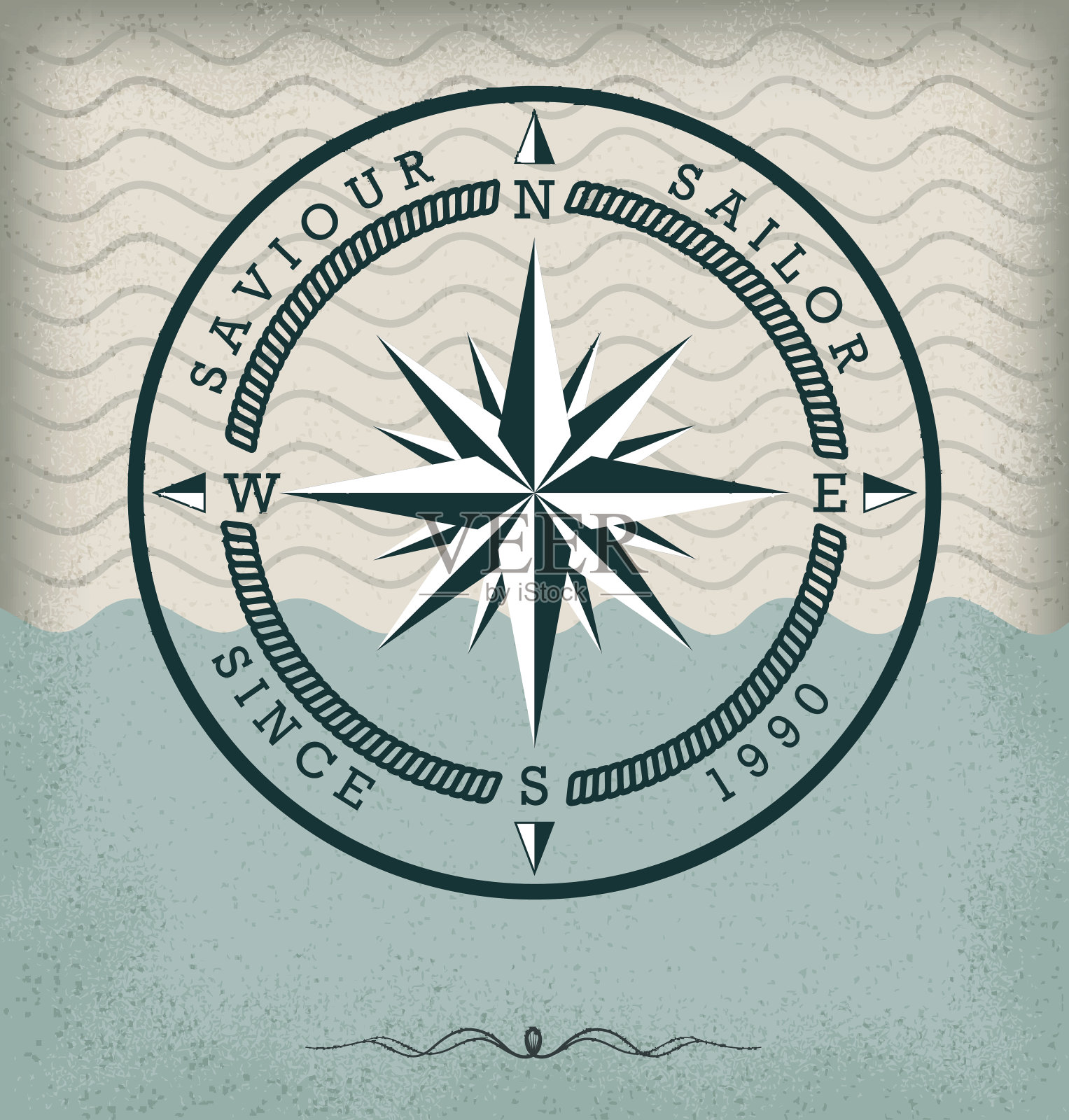 复古罗盘航海徽章上的风格化的水背景插画图片素材