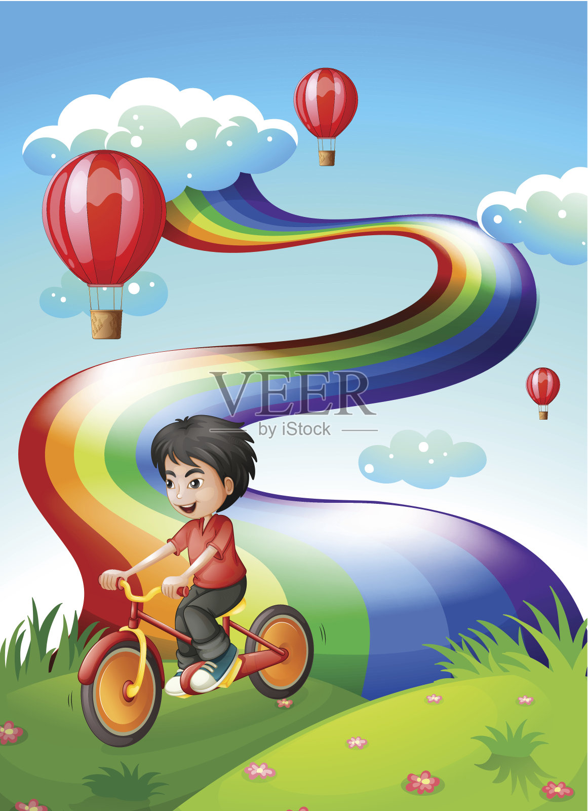 男孩骑着自行车在彩虹的山顶上插画图片素材