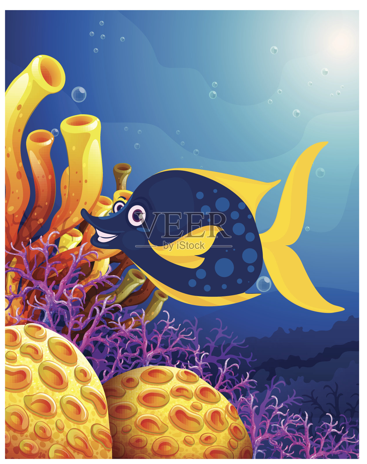 珊瑚礁附近微笑的大鱼插画图片素材