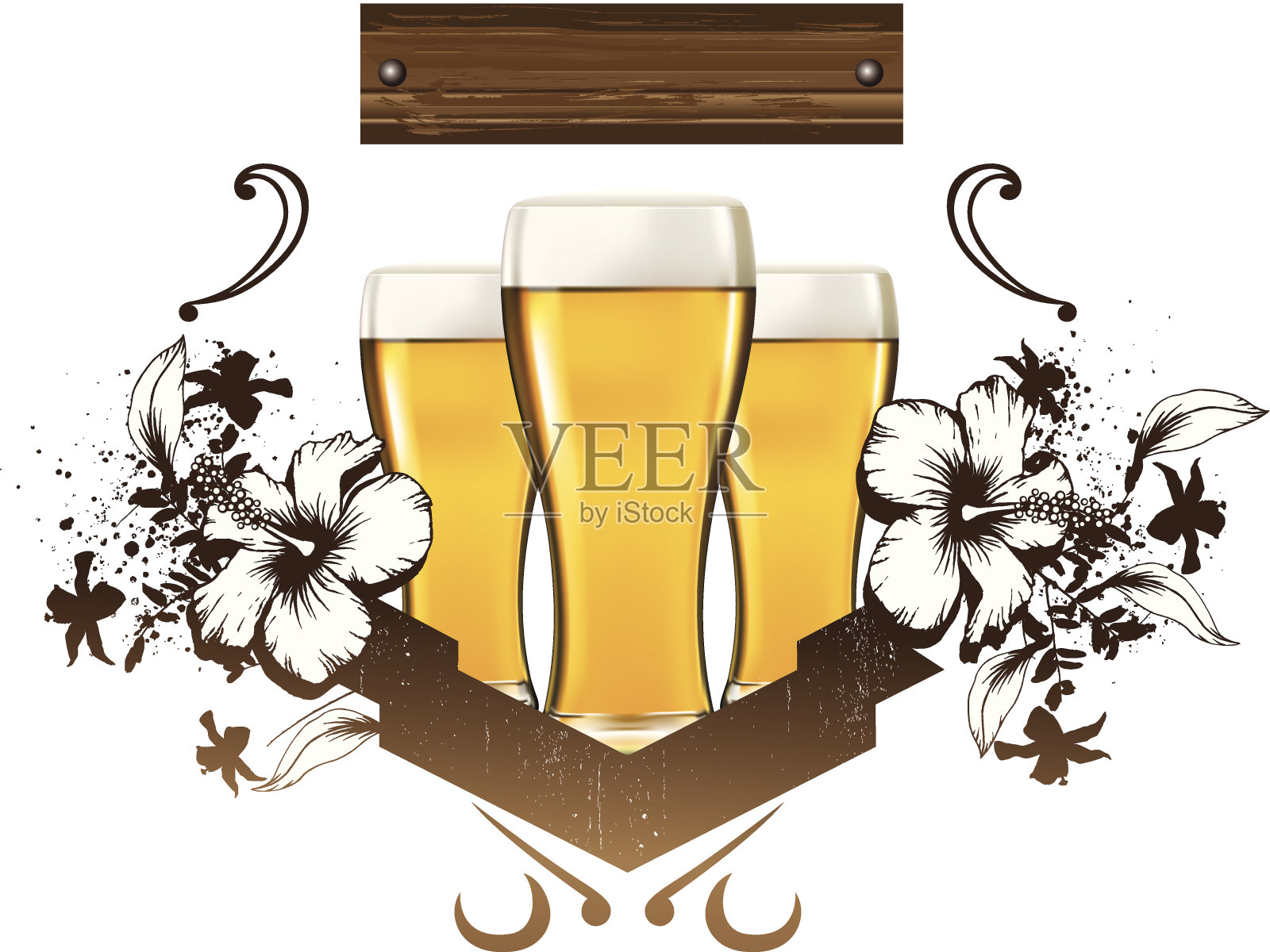 啤酒盾木旗和鲜花插画图片素材