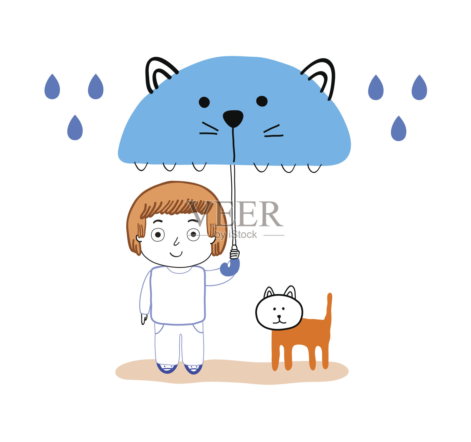 男孩和猫在雨下的插画，为孩子们装饰插画图片素材
