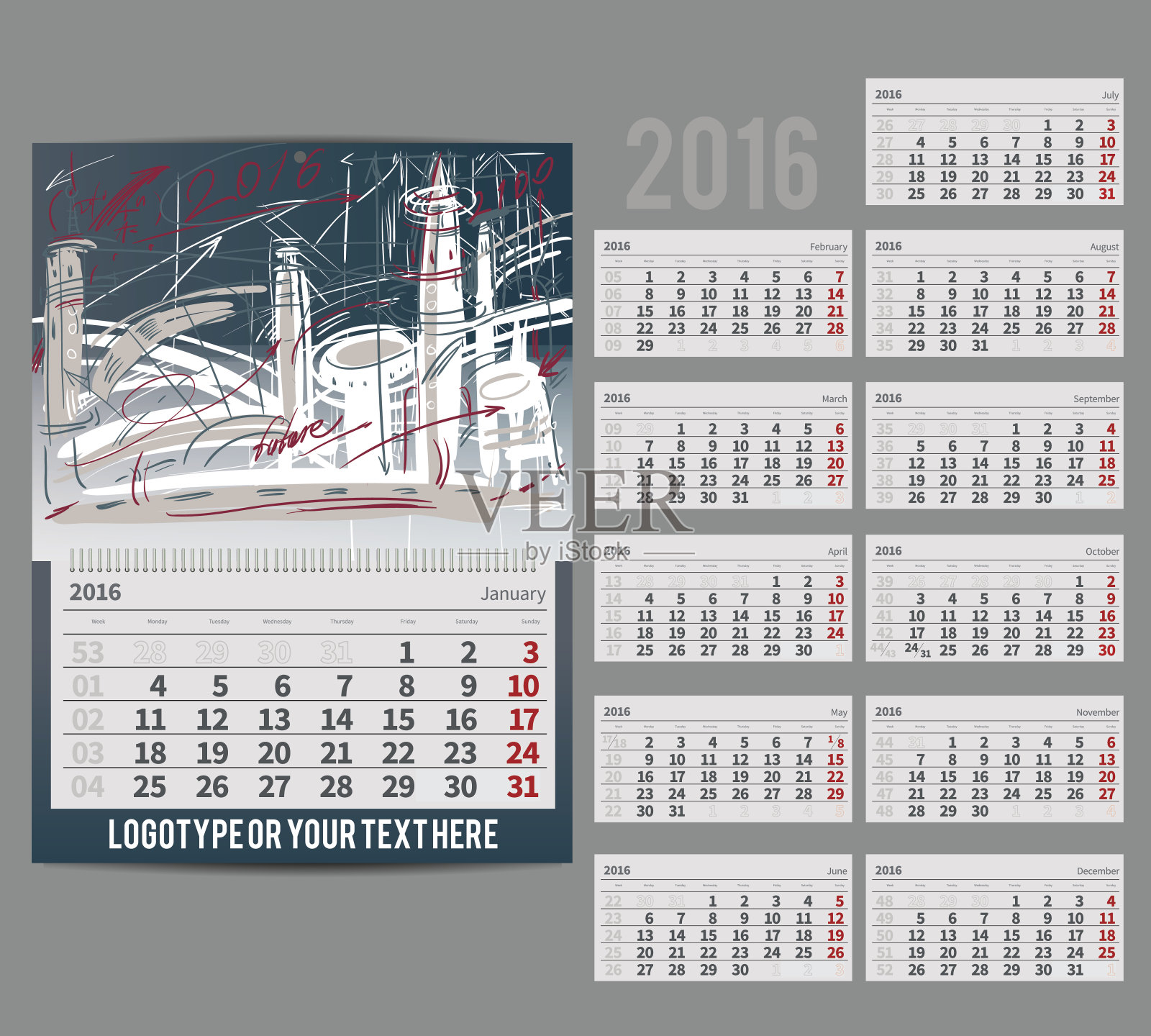 矢量日历2016 -计划为月设计模板素材