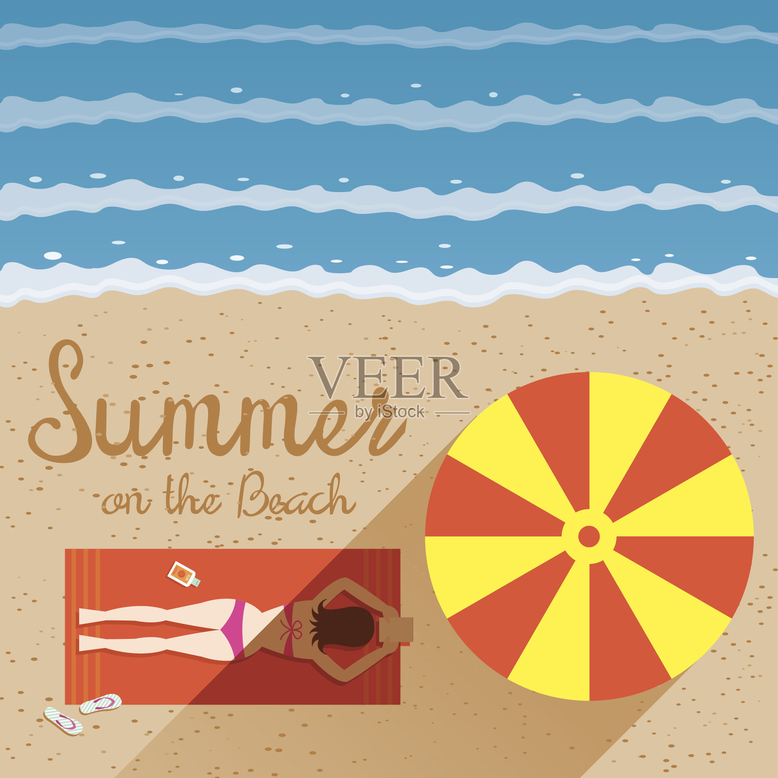 夏天:穿着比基尼的女人在海滩上晒太阳插画图片素材