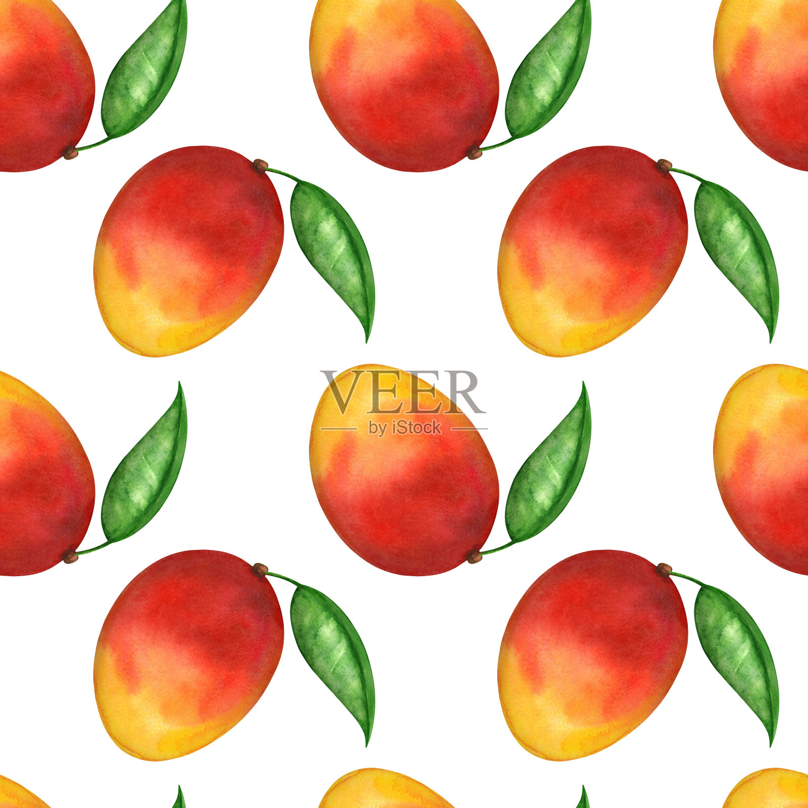 水彩无缝图案与芒果水果和树叶插画图片素材