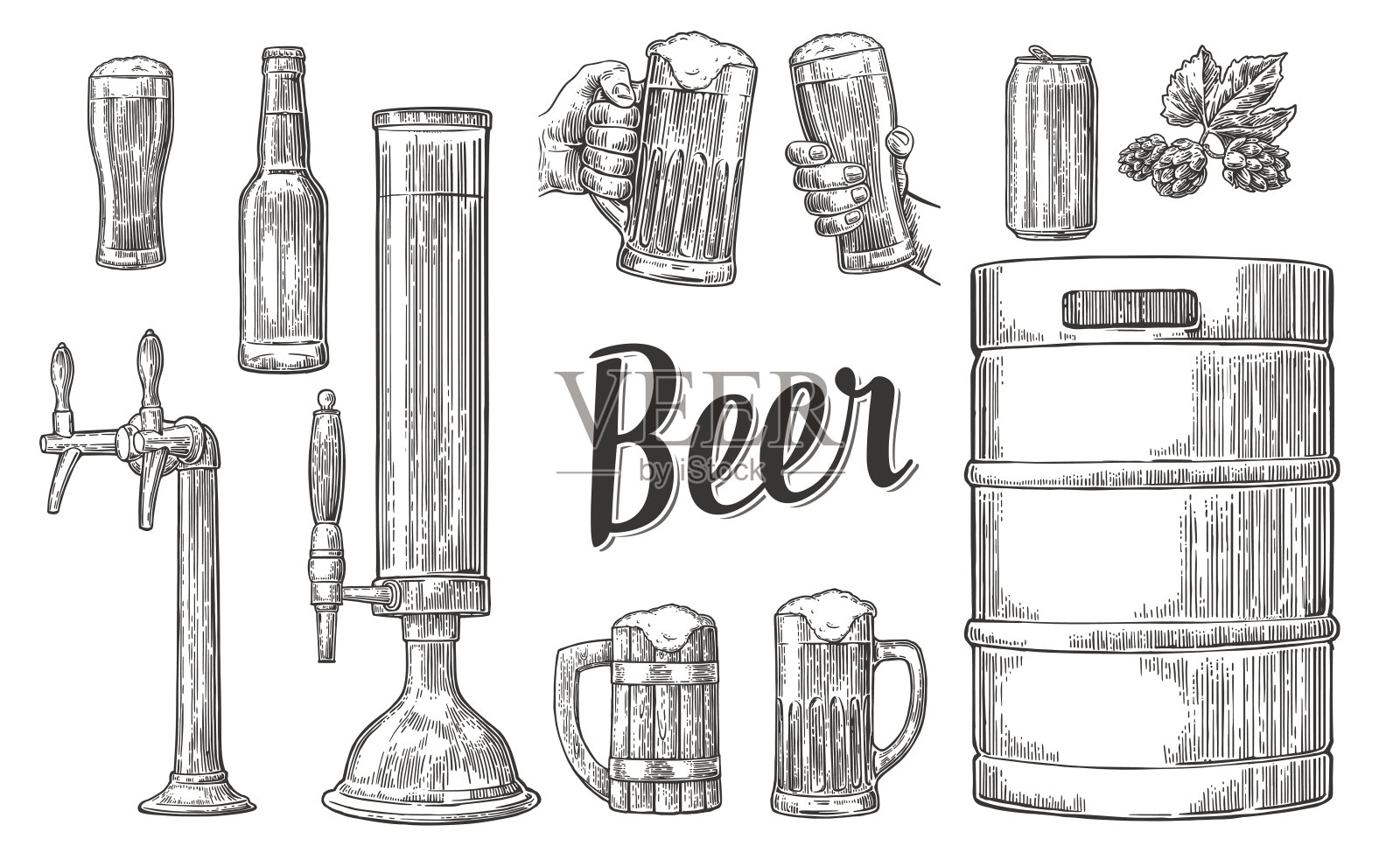 啤酒配备手握酒杯和水龙头，罐头，桶插画图片素材