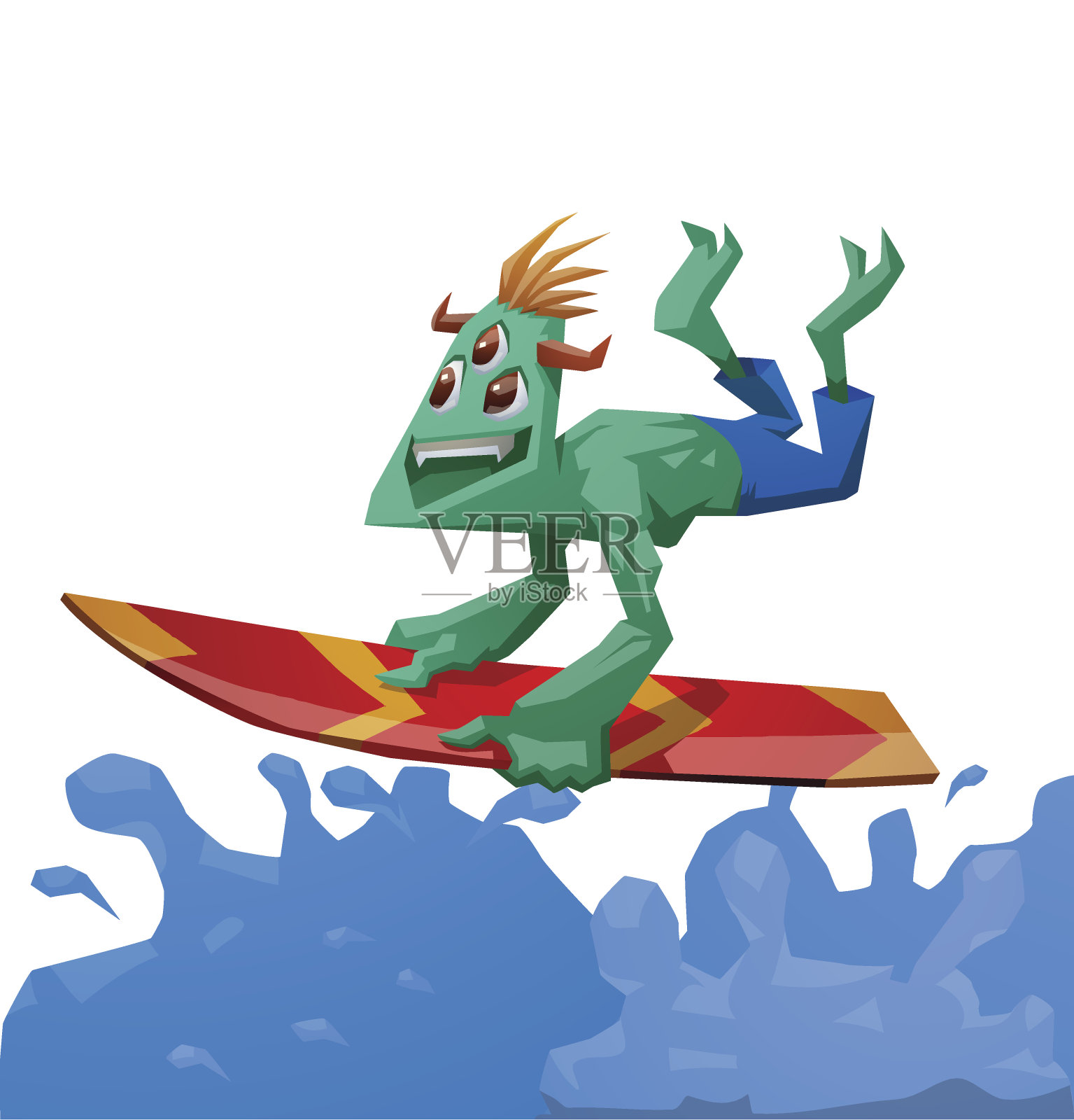 冲浪怪兽，绿色插画图片素材