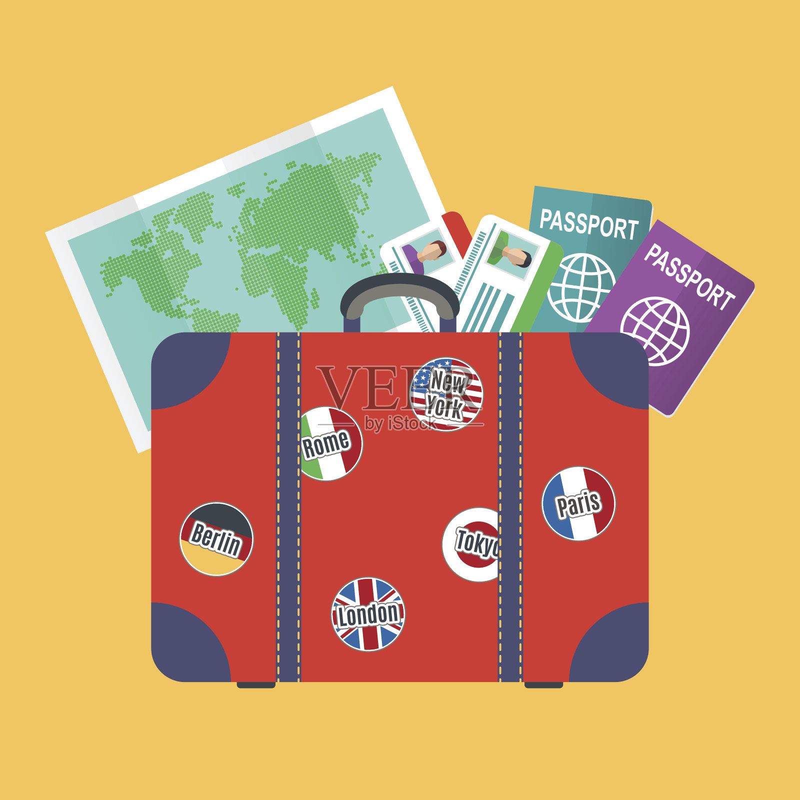 旅行箱，地图，护照插画图片素材
